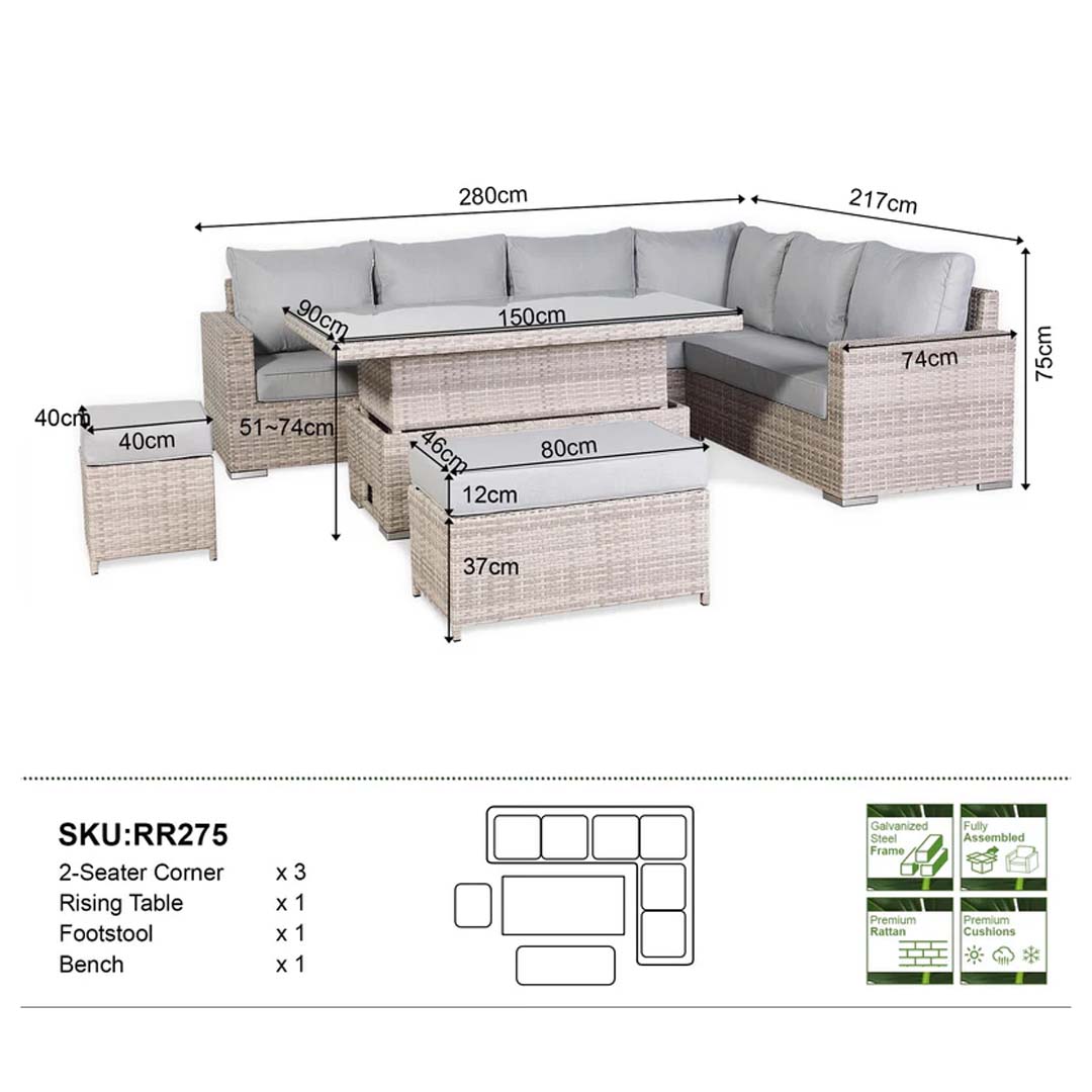 Santorini Luxe Corner Large Dining Set with Rising Table (Right Hand)