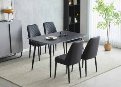 Oxford 120cm Black Ceramic Dining Table With 4 Black PU Leather Dining Chairs