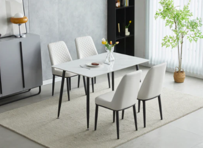 Oxford 120cm White Ceramic Dining Table With 4 White PU Leather Dining Chairs