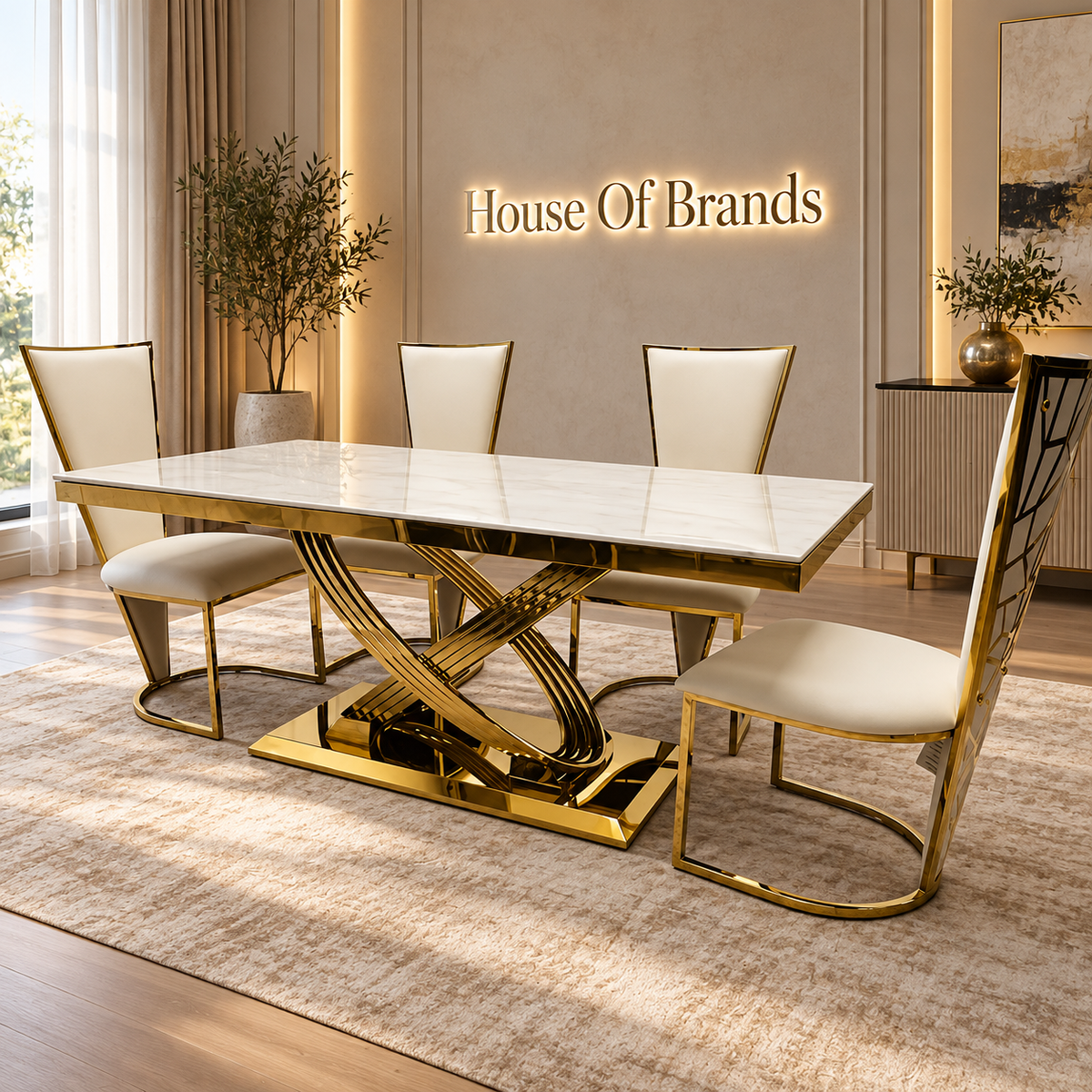 Elina 180cm Gold Dining Table With Florence High Back Velvet Gold Chairs