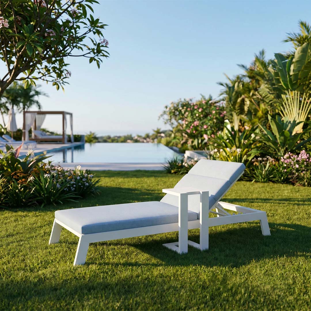 Serra Luxury Outdoor Sun Lounger with Grey Cushion – White Aluminium Poolside Recliner