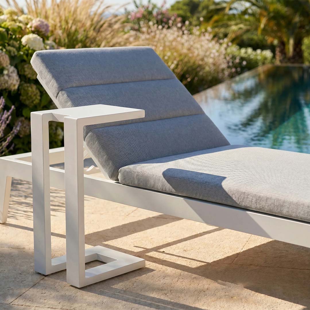 Serra Luxury Outdoor Sun Lounger with Grey Cushion – White Aluminium Poolside Recliner