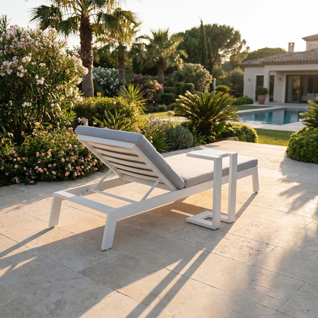 Serra Luxury Outdoor Sun Lounger with Grey Cushion – White Aluminium Poolside Recliner