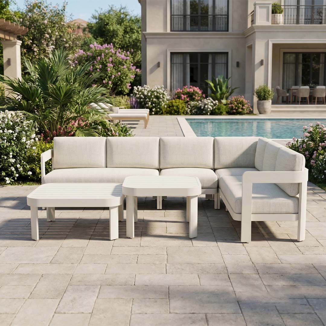 Sorrento 6 Seater Aluminium Garden Corner Sofa Set with 2 Coffee Tables – Taupe Outdoor Lounge Furniture