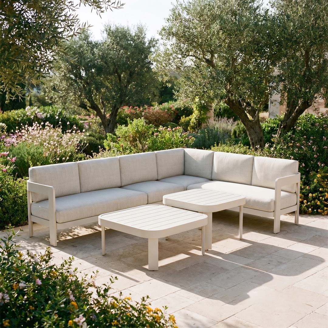 Sorrento 6 Seater Aluminium Garden Corner Sofa Set with 2 Coffee Tables – Taupe Outdoor Lounge Furniture