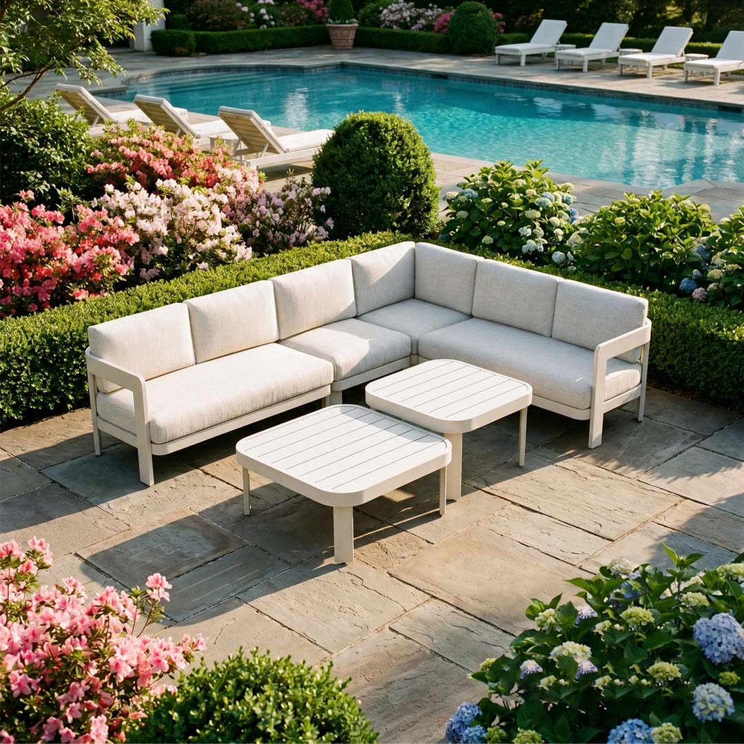 Sorrento 6 Seater Aluminium Garden Corner Sofa Set with 2 Coffee Tables – Taupe Outdoor Lounge Furniture