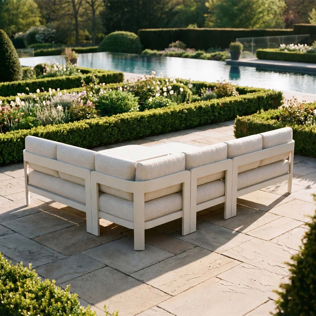 Sorrento 6 Seater Aluminium Garden Corner Sofa Set with 2 Coffee Tables – Taupe Outdoor Lounge Furniture