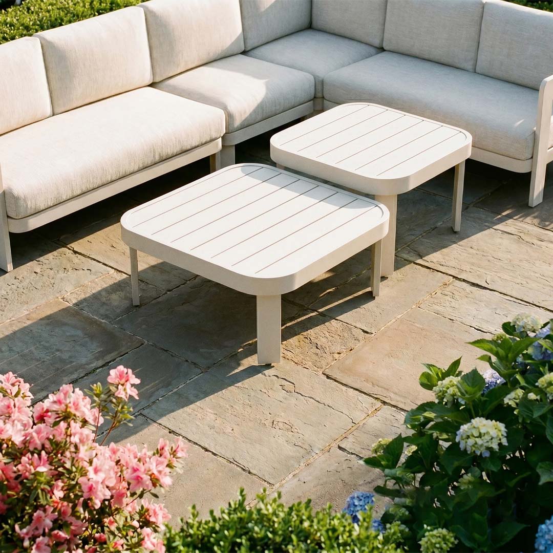 Sorrento 6 Seater Aluminium Garden Corner Sofa Set with 2 Coffee Tables – Taupe Outdoor Lounge Furniture