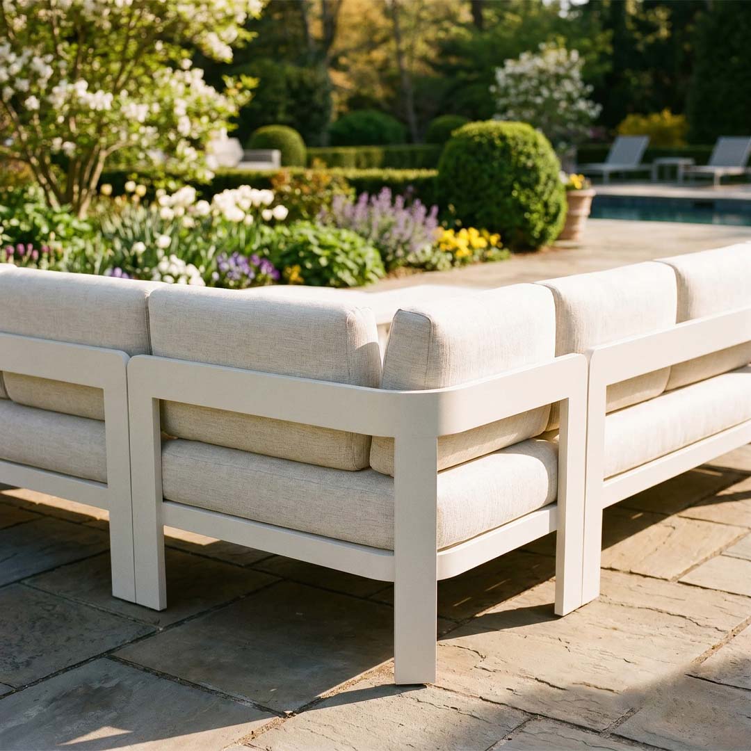 Sorrento 6 Seater Aluminium Garden Corner Sofa Set with 2 Coffee Tables – Taupe Outdoor Lounge Furniture
