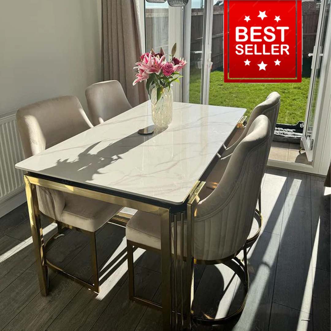 150cm Sorrento Rectangle Gold Ceramic Dining Table and Gold Chelmsford Dining Chairs