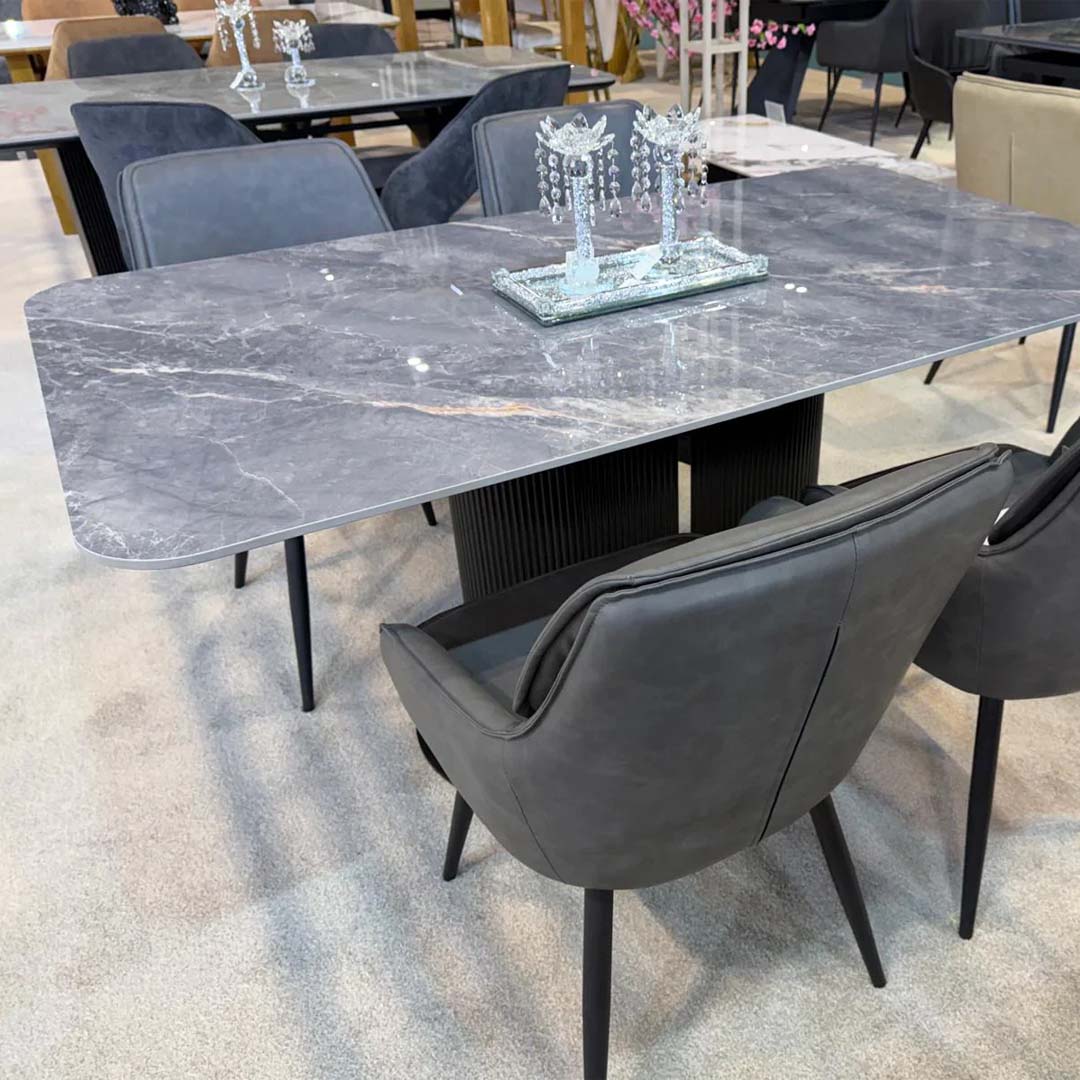 Sydney 160cm Grey Ceramic Marble Dining Table Set with Grey Velvet 360° Swivel Chairs