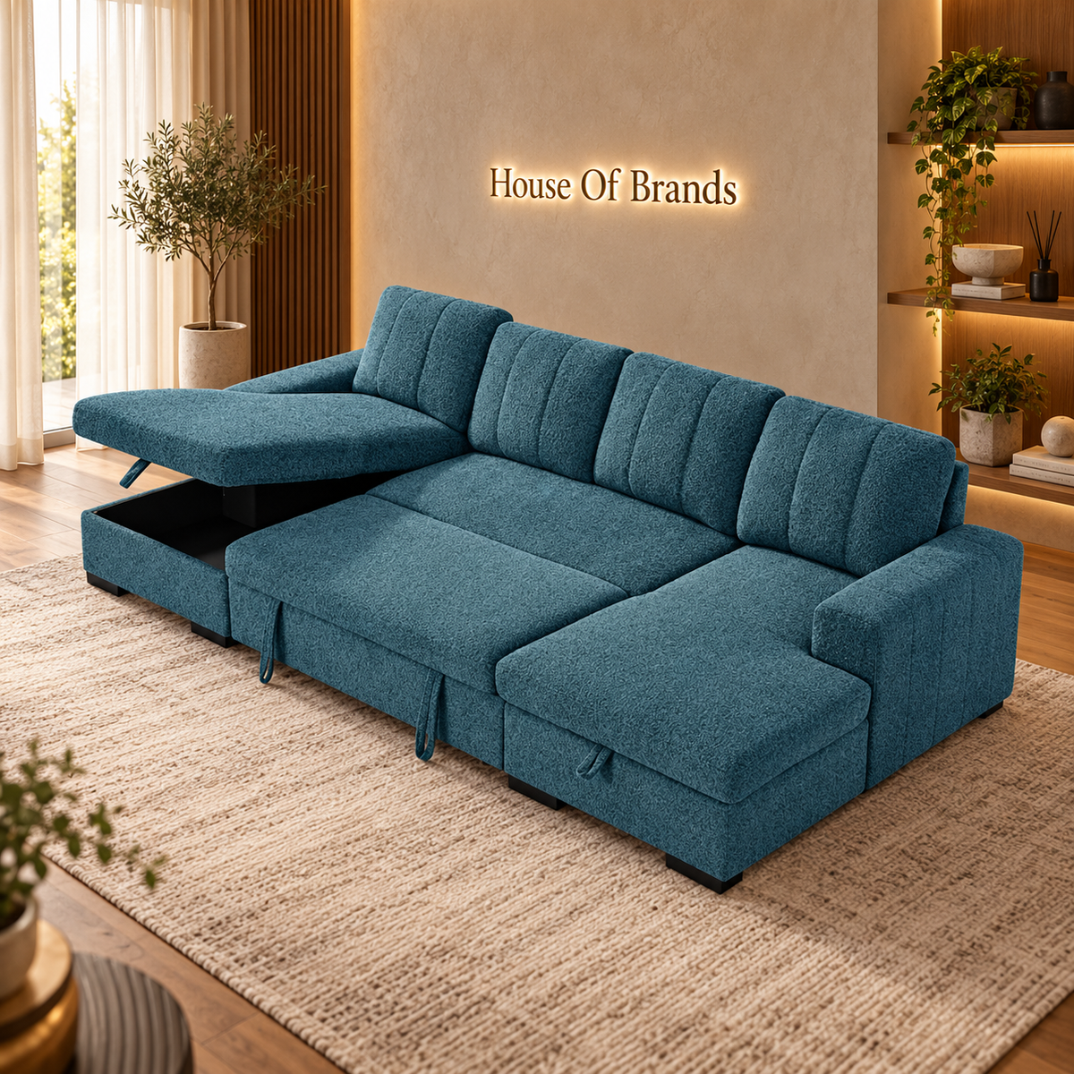 Jesse Blue Large U Shaped Sofa Bed with Storage