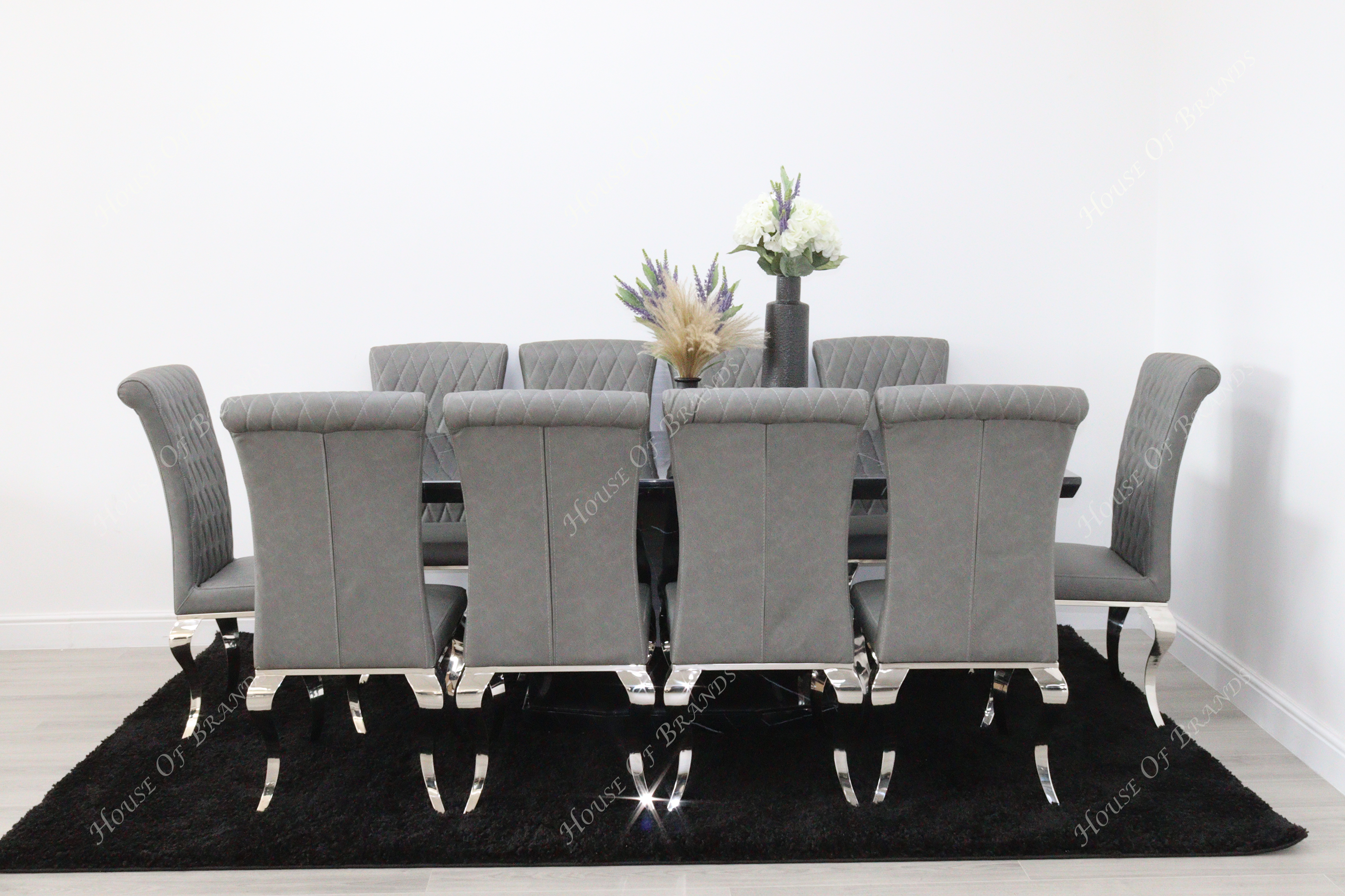 Nebula Black 200cm Marble Dining Table with 10 Nicole Grey Leather Chair