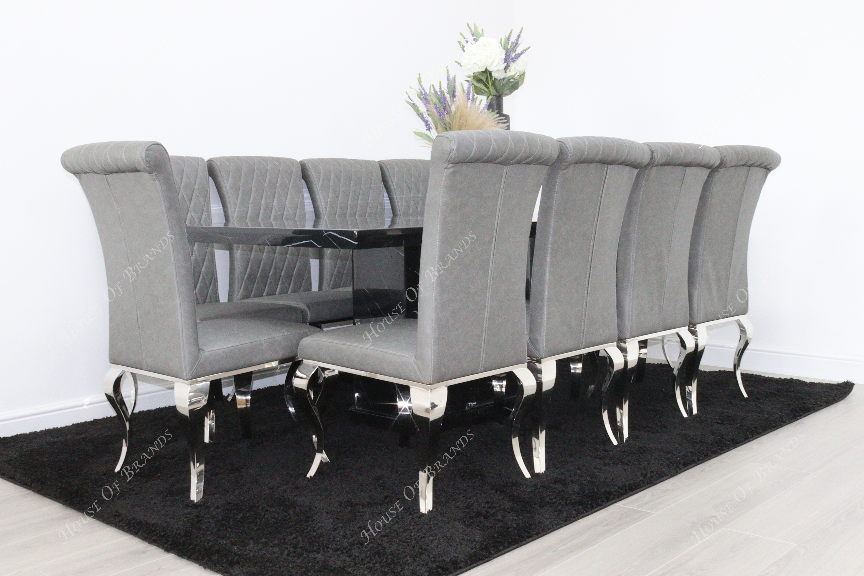 Nebula Black 200cm Marble Dining Table with 10 Nicole Grey Leather Chair