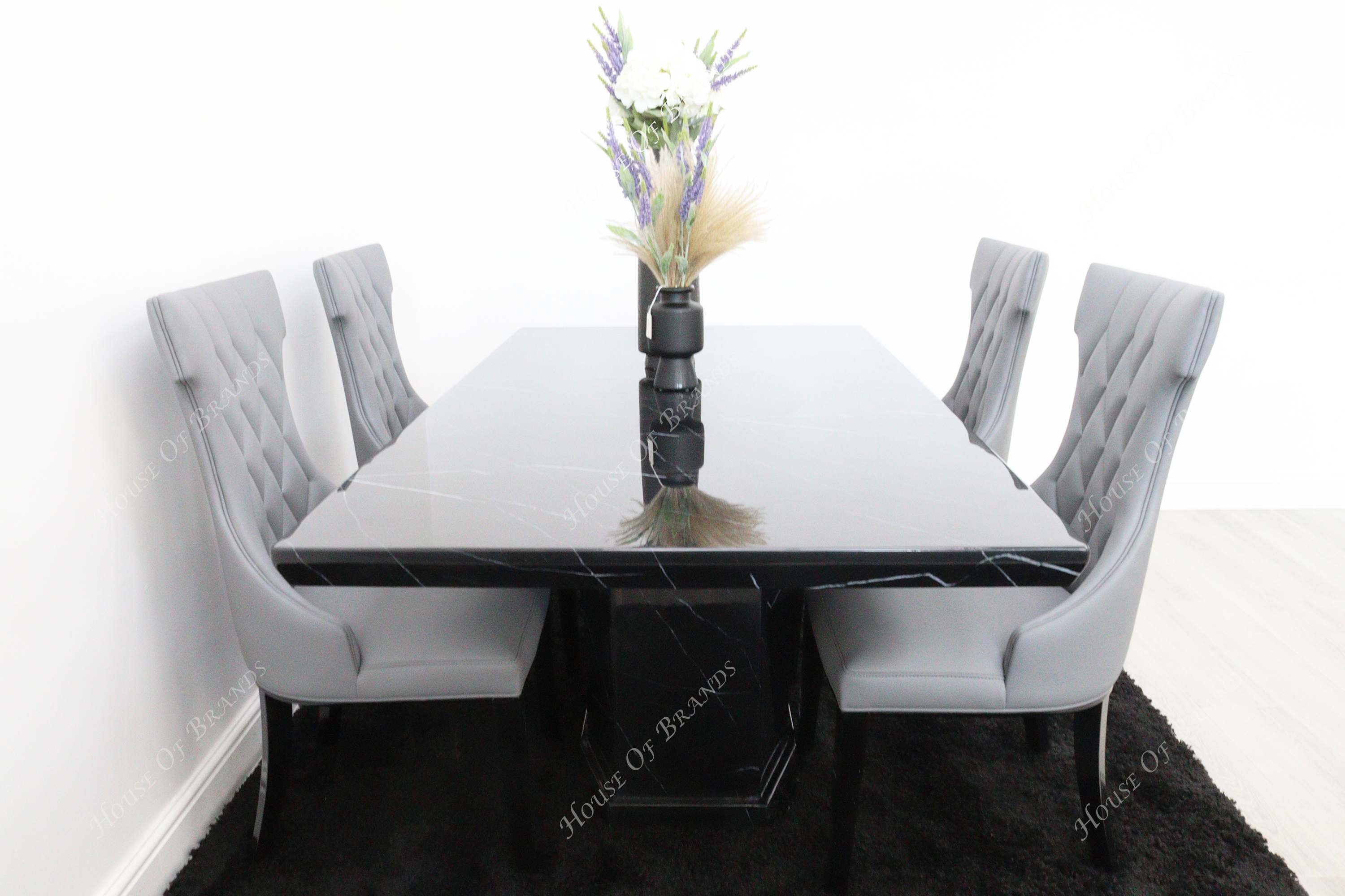 Nebula Black Marble Dining Table with 4 Tremiti Grey Leather Chair