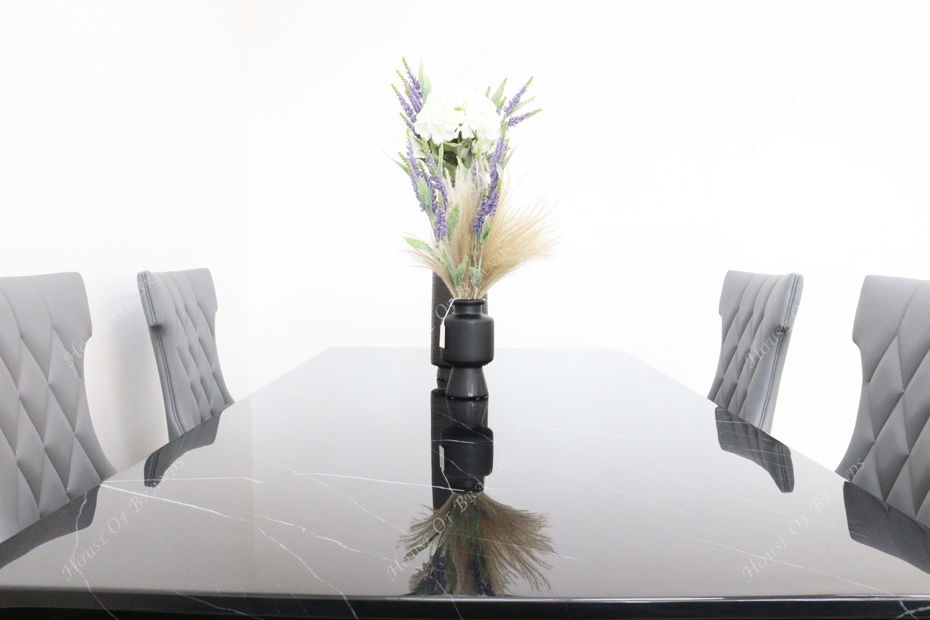 Nebula Black Marble Dining Table with 4 Tremiti Grey Leather Chair