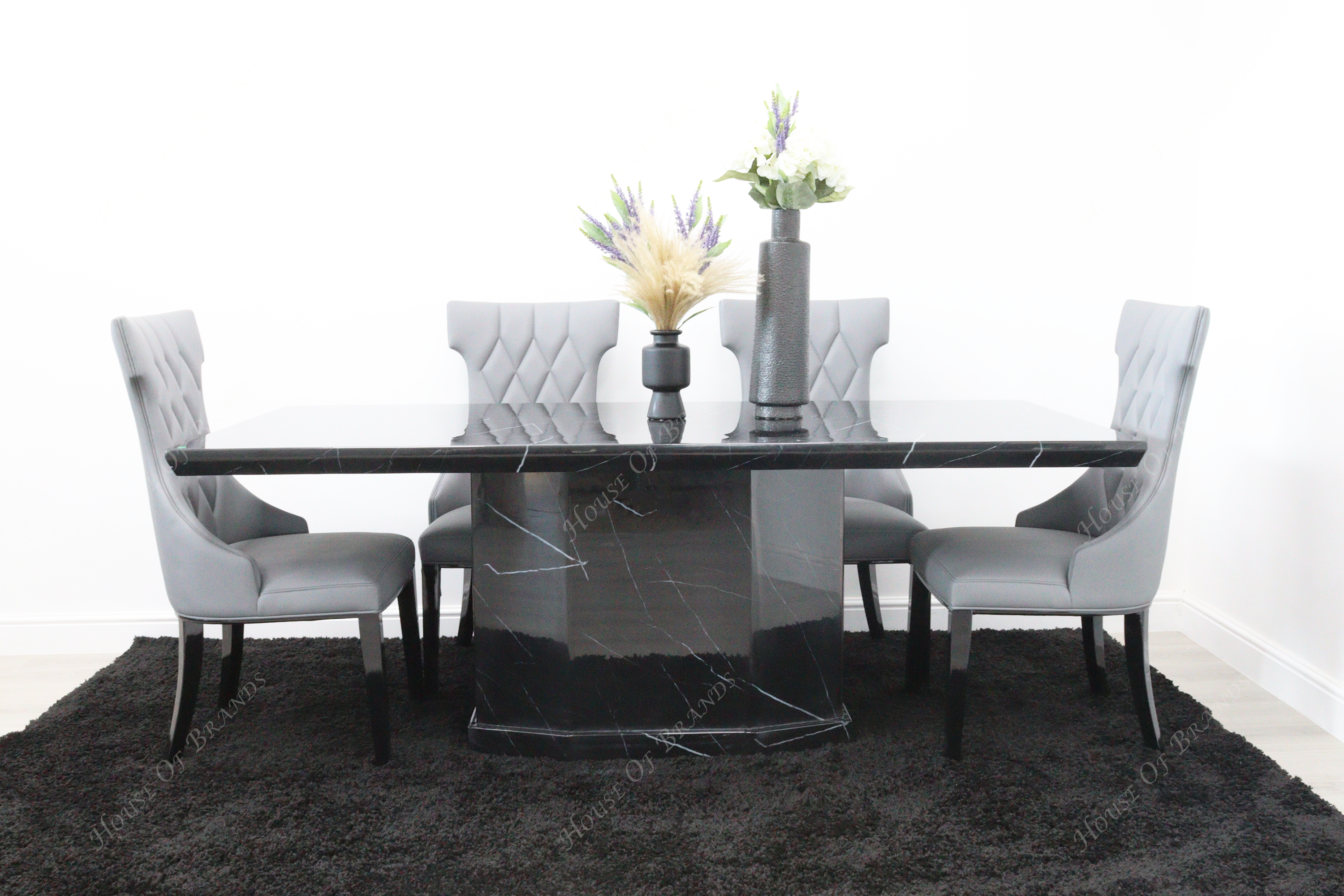 Nebula Black Marble Dining Table with 4 Tremiti Grey Leather Chair