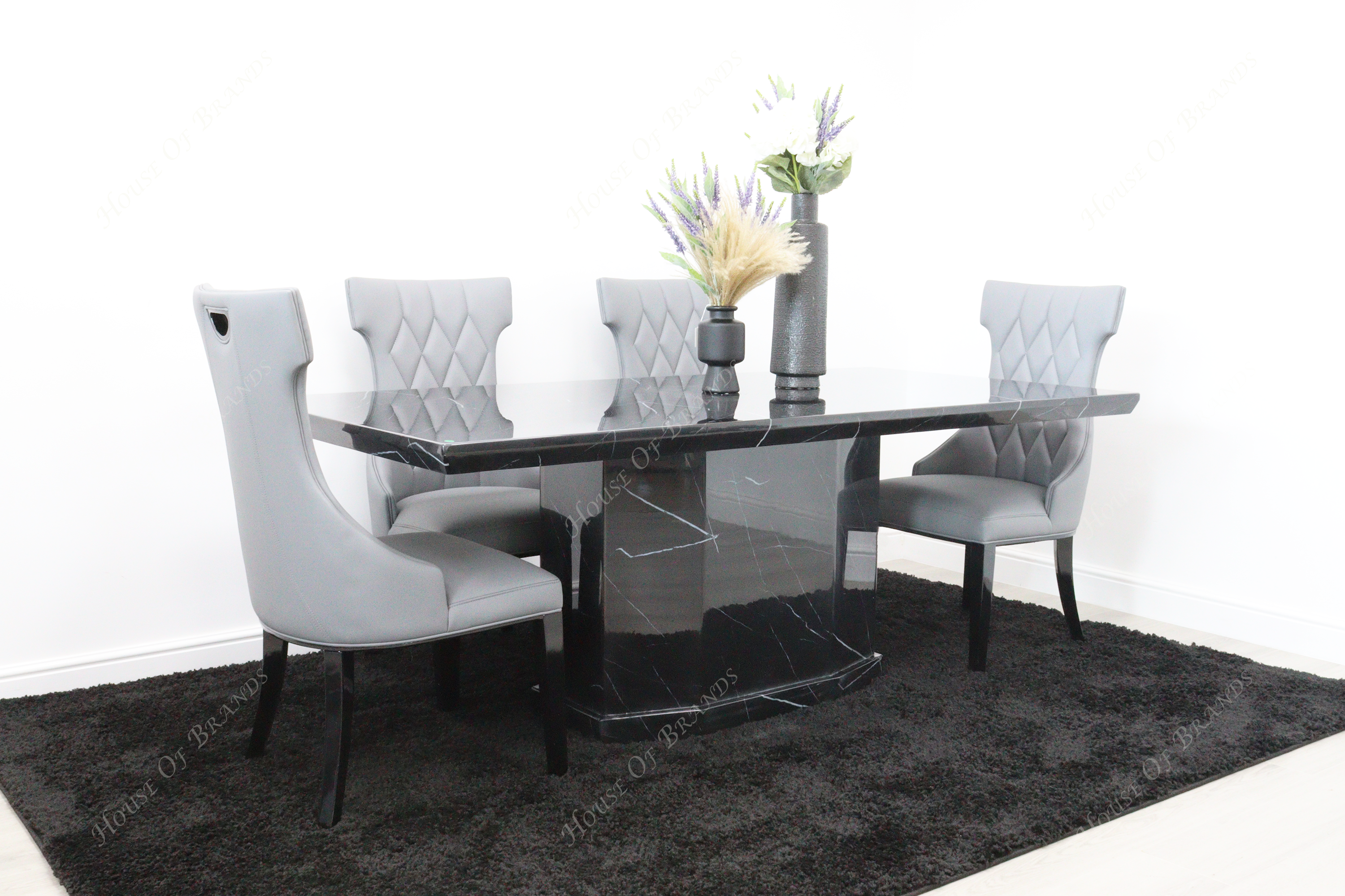 Nebula Black Marble Dining Table with 4 Tremiti Grey Leather Chair