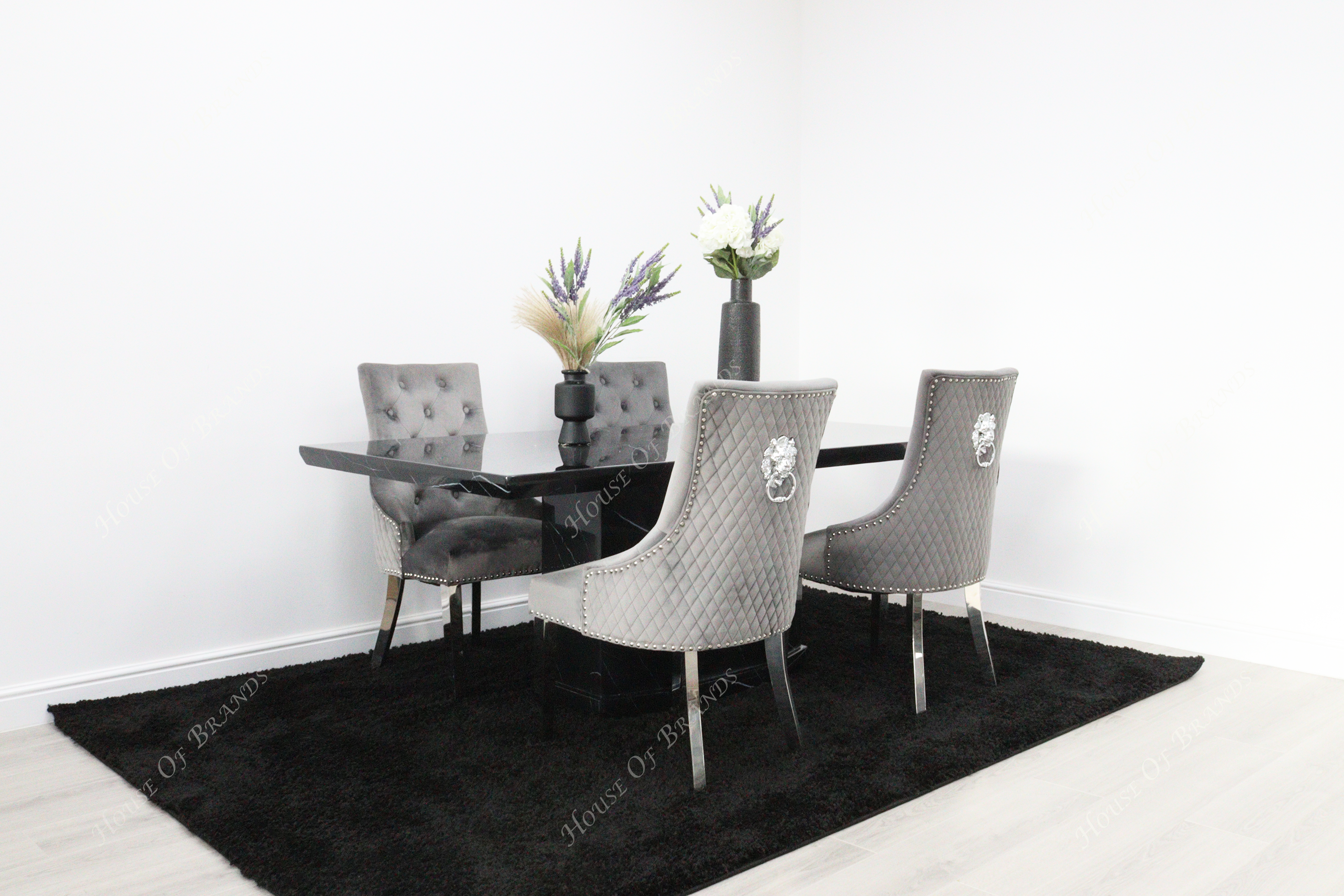 Nebula Black Marble Dining Table with 4 Majestic Velvet Knockerback Chair