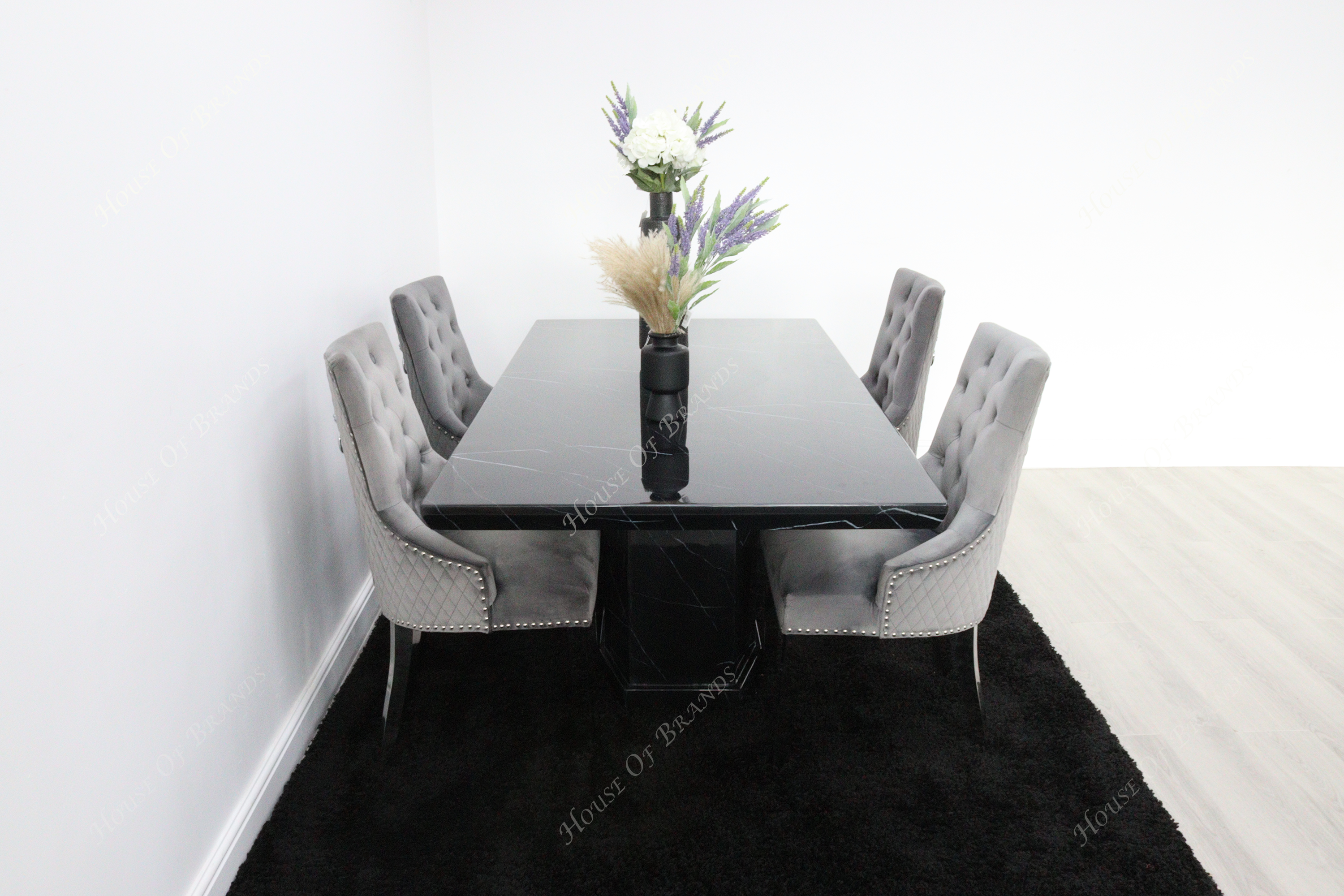Nebula Black Marble Dining Table with 4 Majestic Velvet Knockerback Chair