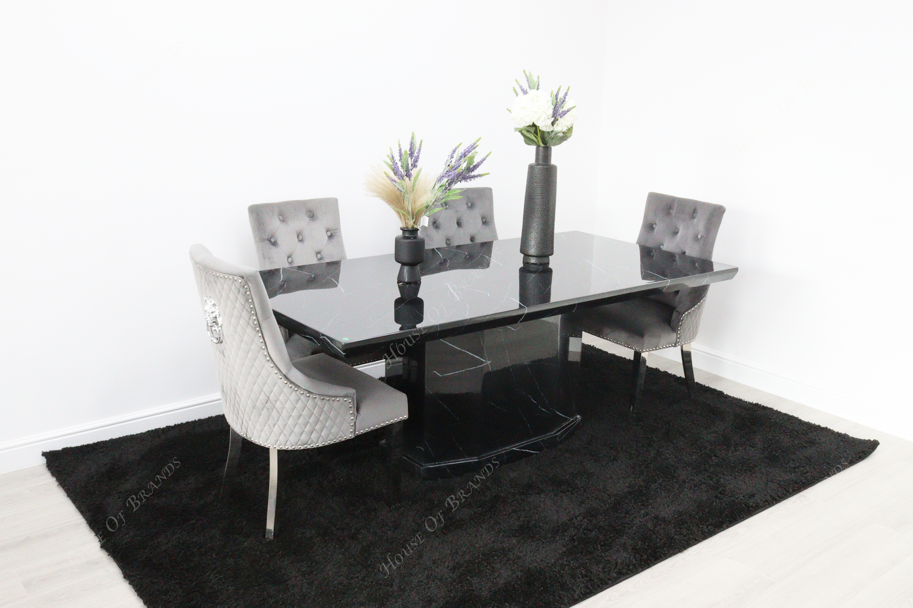 Nebula Black Marble Dining Table with 4 Majestic Velvet Knockerback Chair