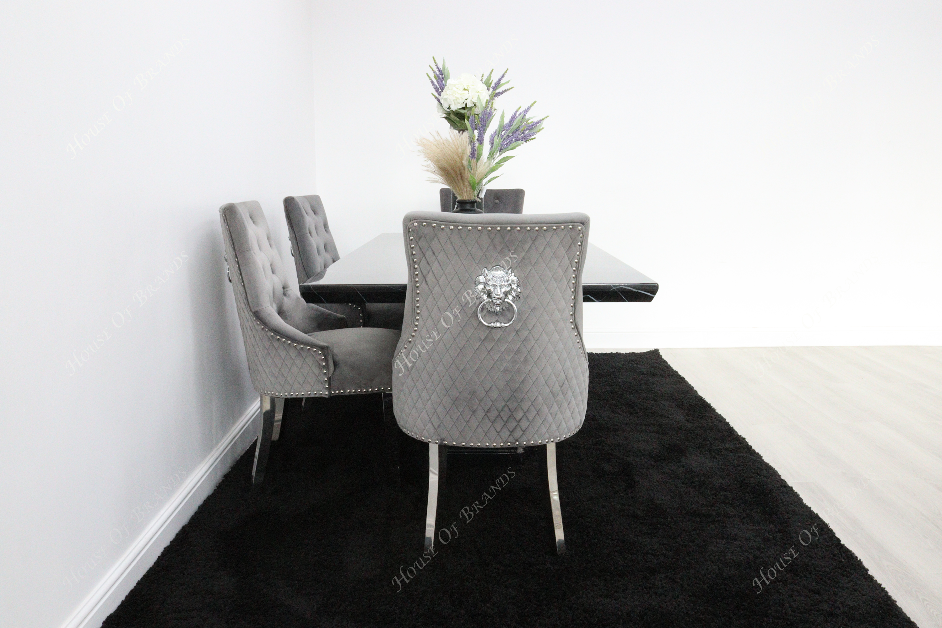Nebula Black Marble Dining Table with 4 Majestic Velvet Knockerback Chair