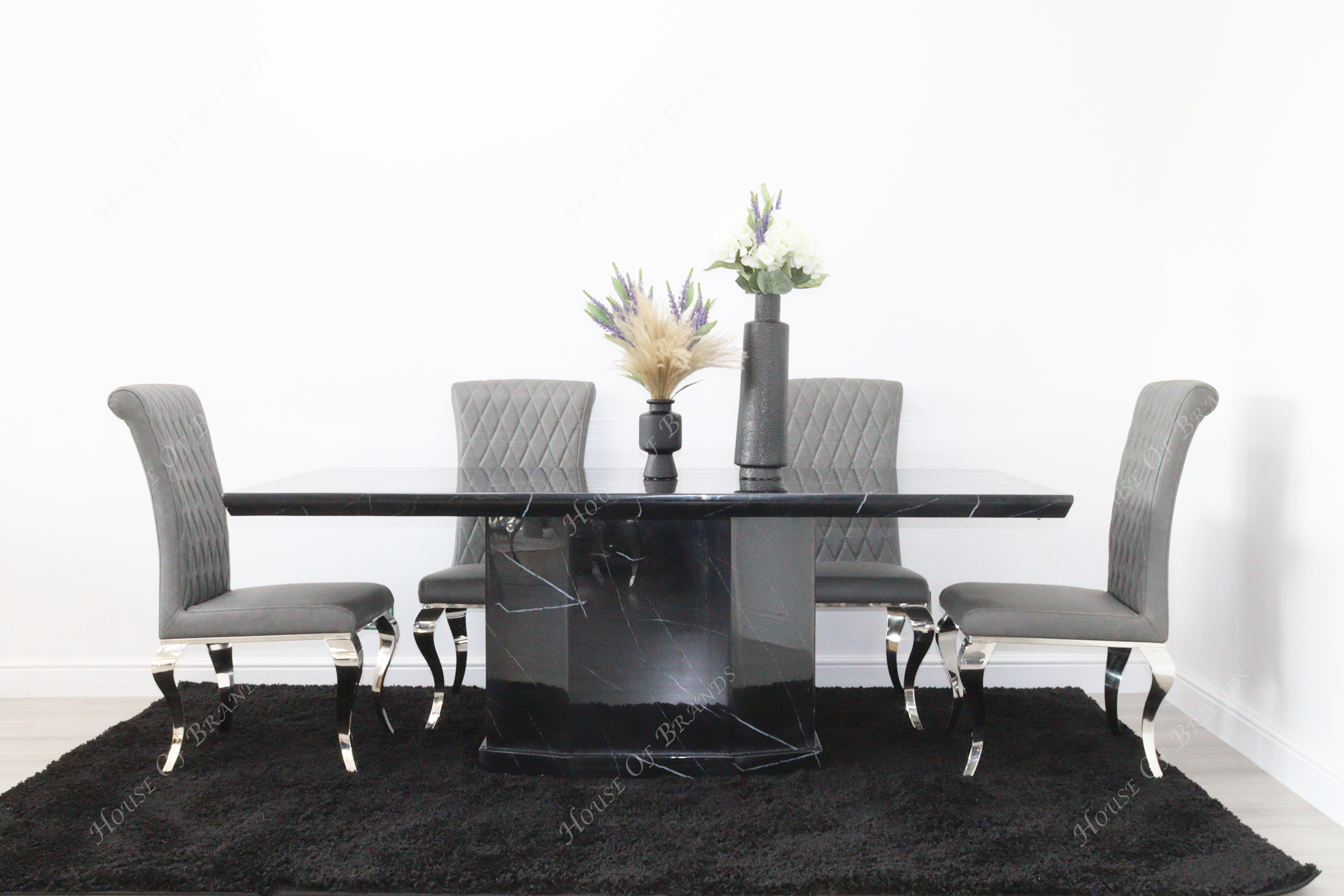 Nebula Black Marble Dining Table with 4 Nicole Grey Leather Chair