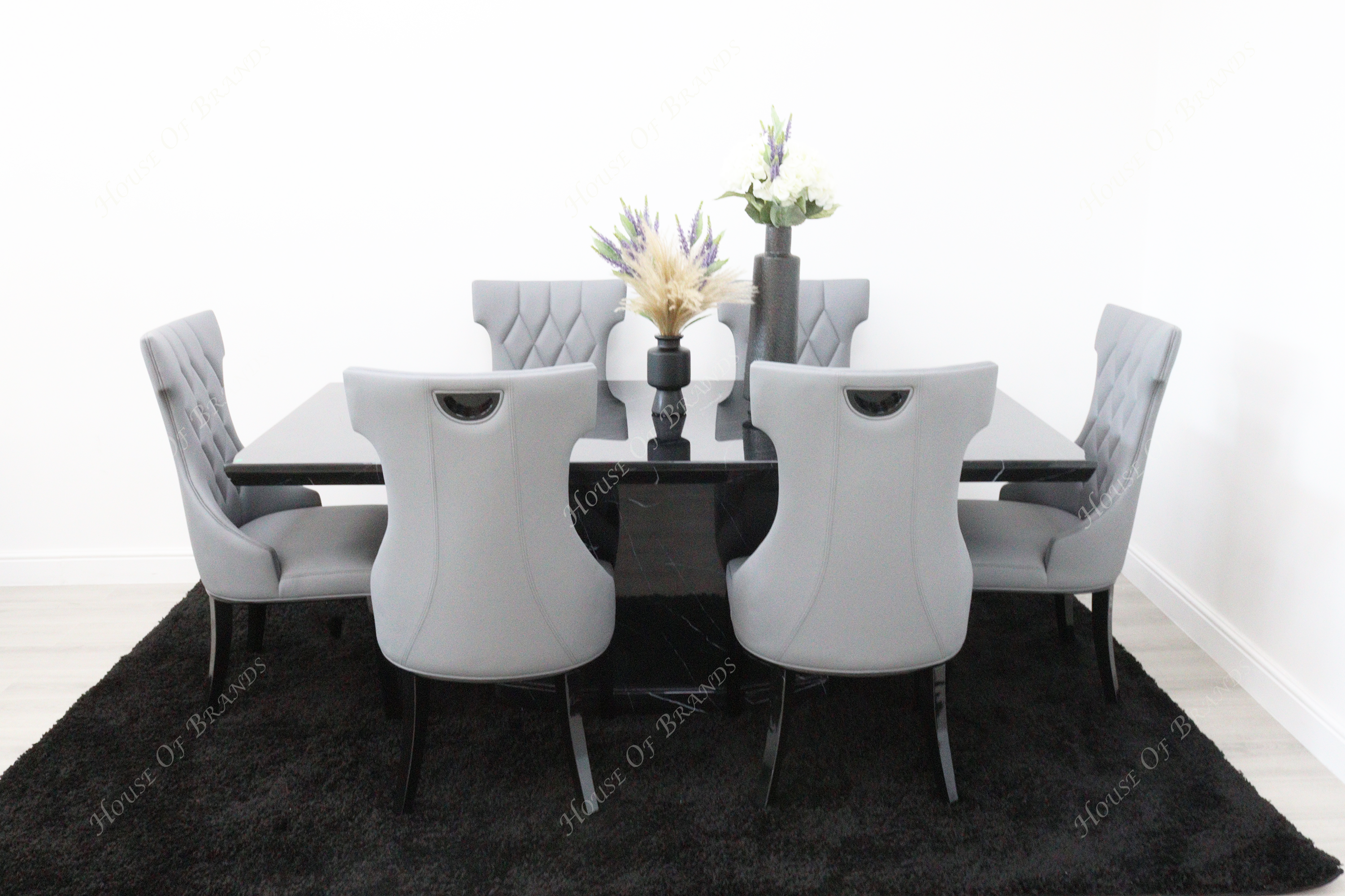Nebula Black Marble Dining Table with 6 Tremiti Grey Leather Chair