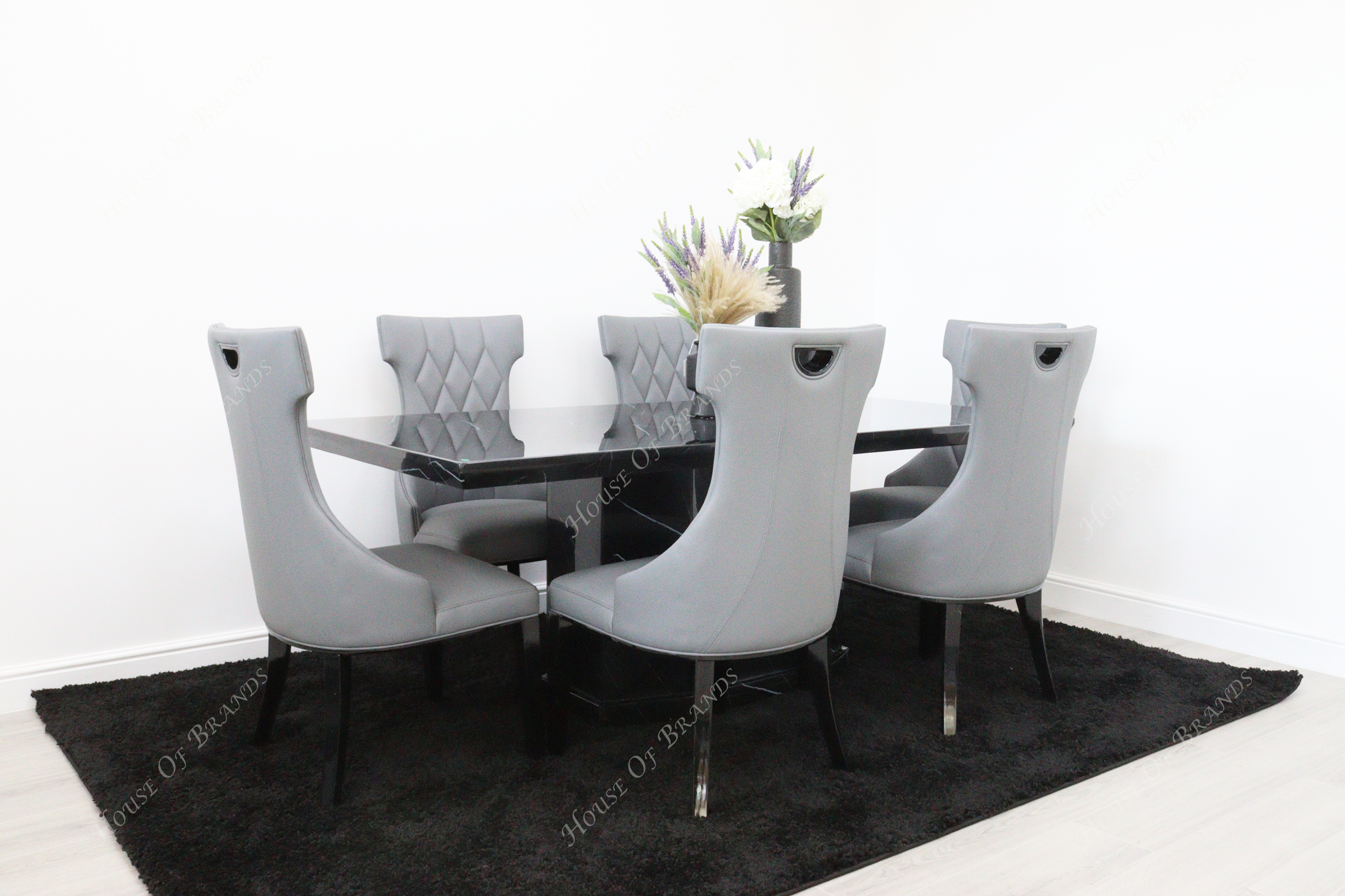 Nebula Black Marble Dining Table with 6 Tremiti Grey Leather Chair