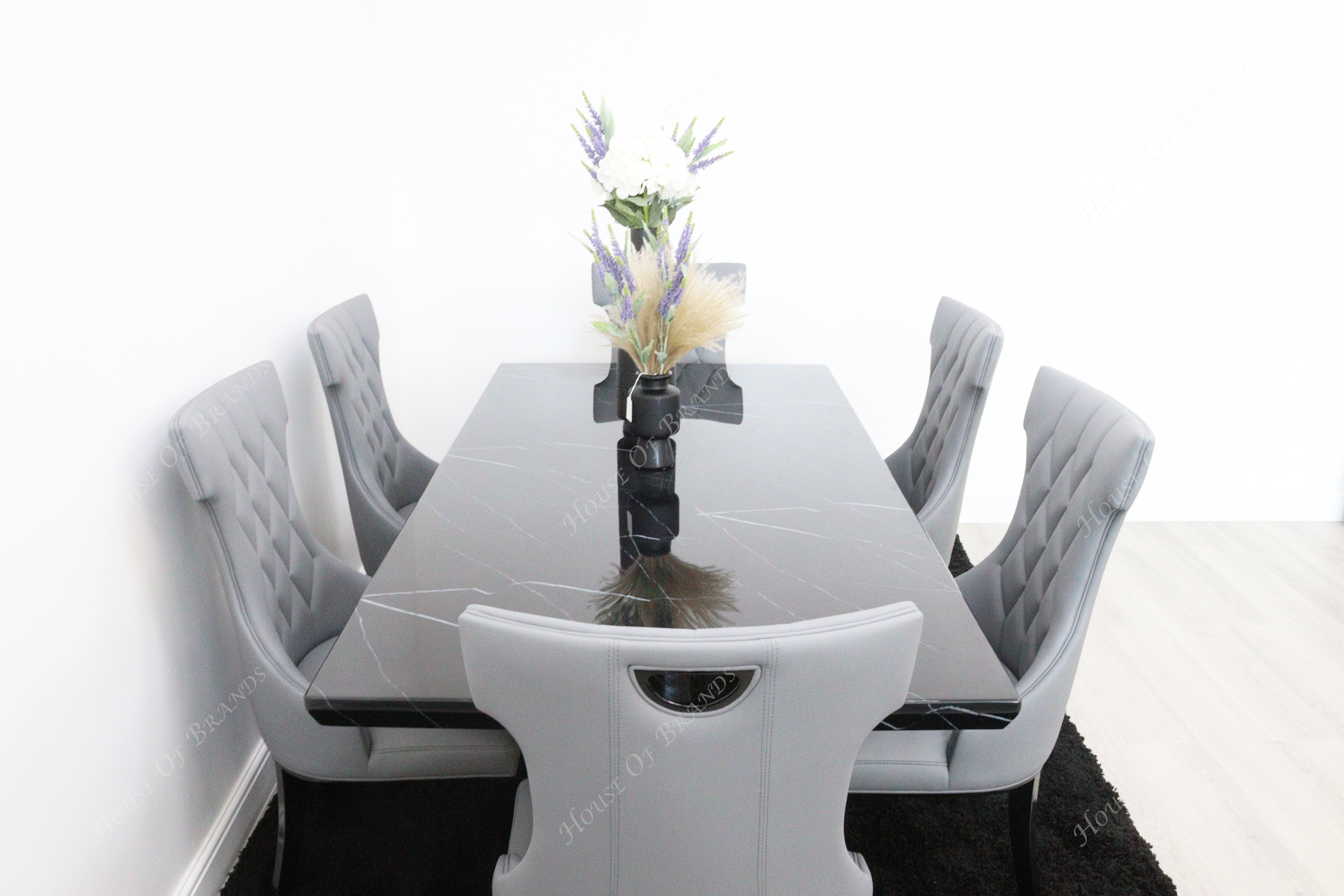 Nebula Black Marble Dining Table with 6 Tremiti Grey Leather Chair