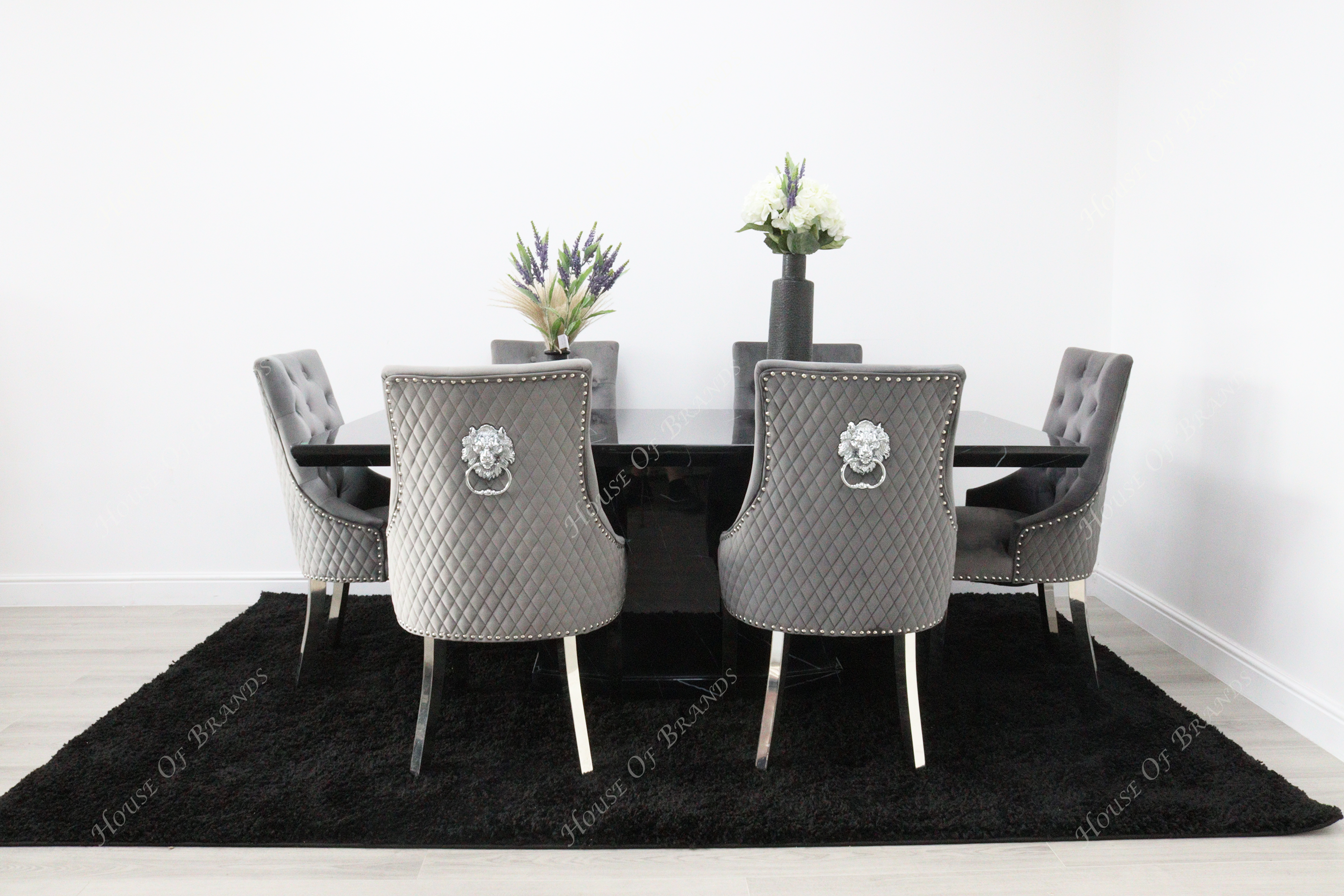 Nebula Black Marble Dining Table with 6 Majestic Velvet Knockerback Chair