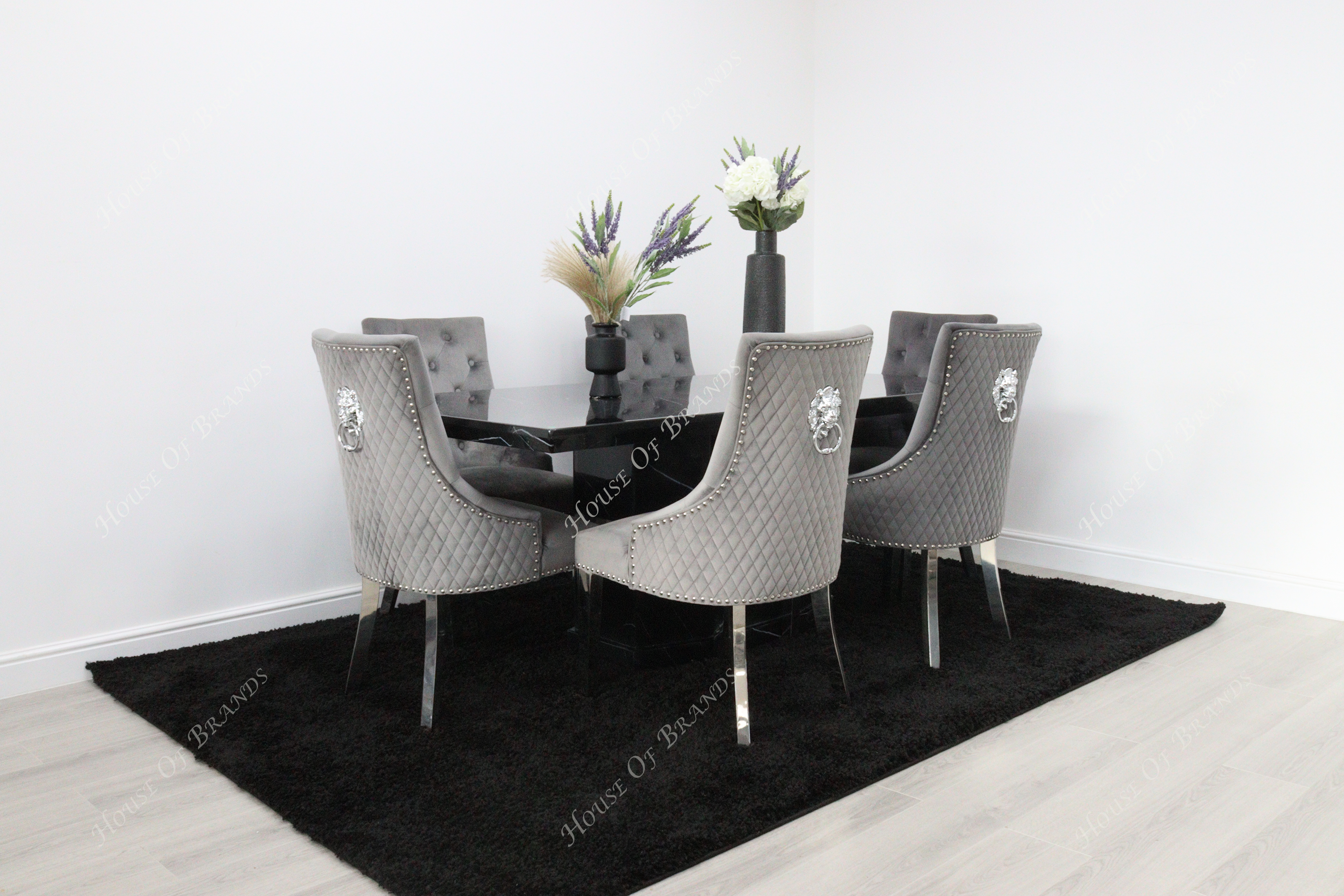Nebula Black Marble Dining Table with 6 Majestic Velvet Knockerback Chair