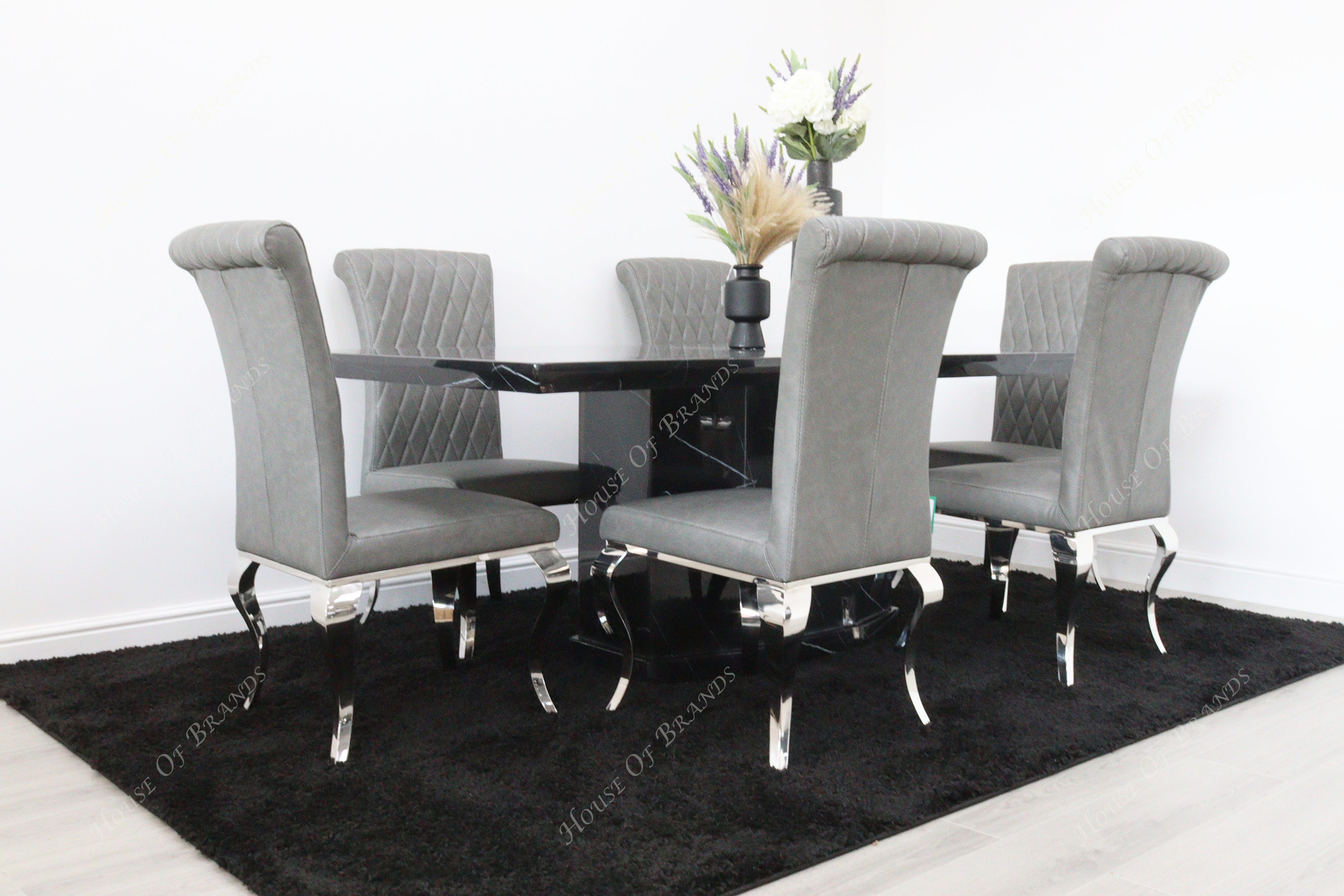 Nebula Black Marble Dining Table with 6 Nicole Grey Leather Chair