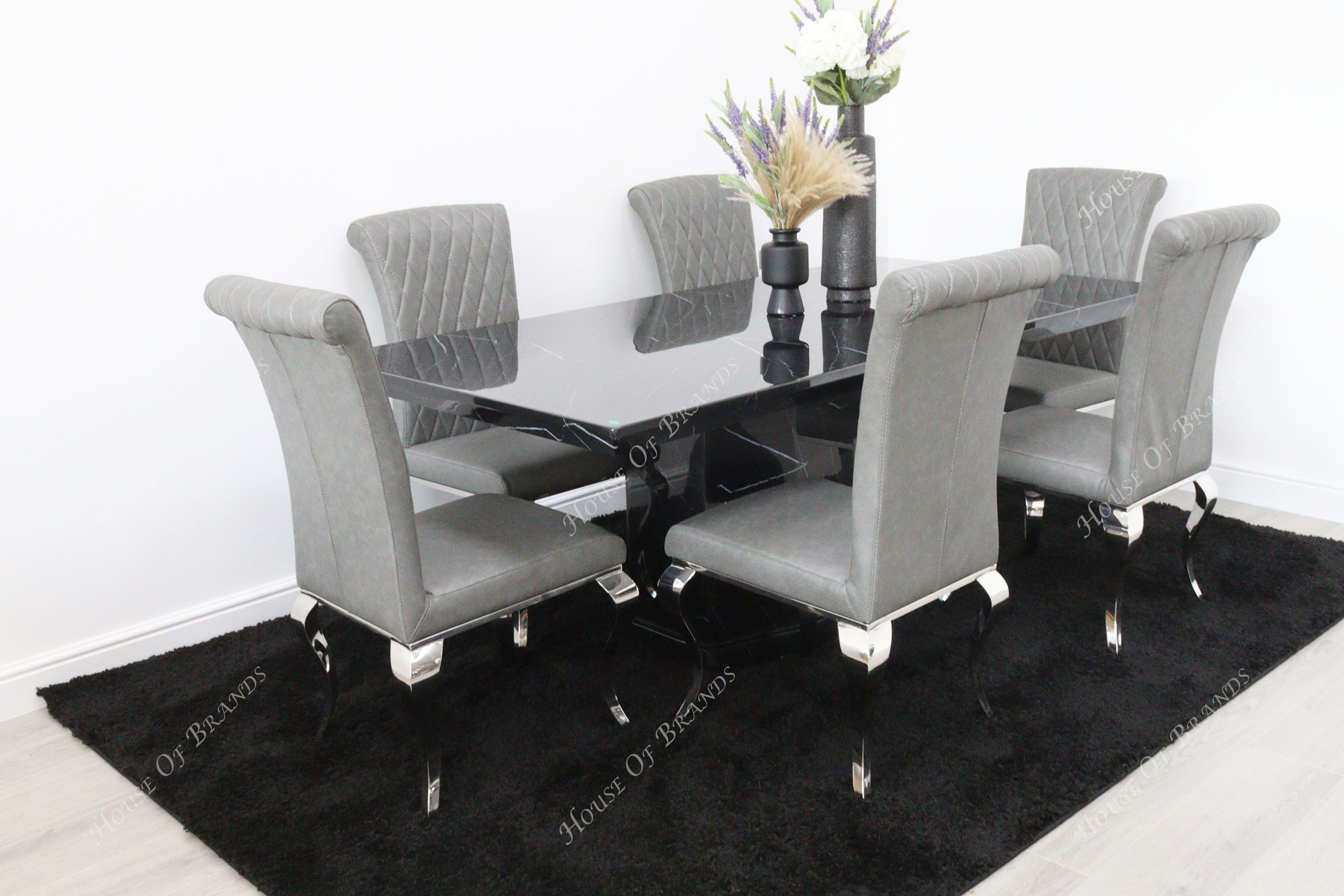 Nebula Black Marble Dining Table with 6 Nicole Grey Leather Chair