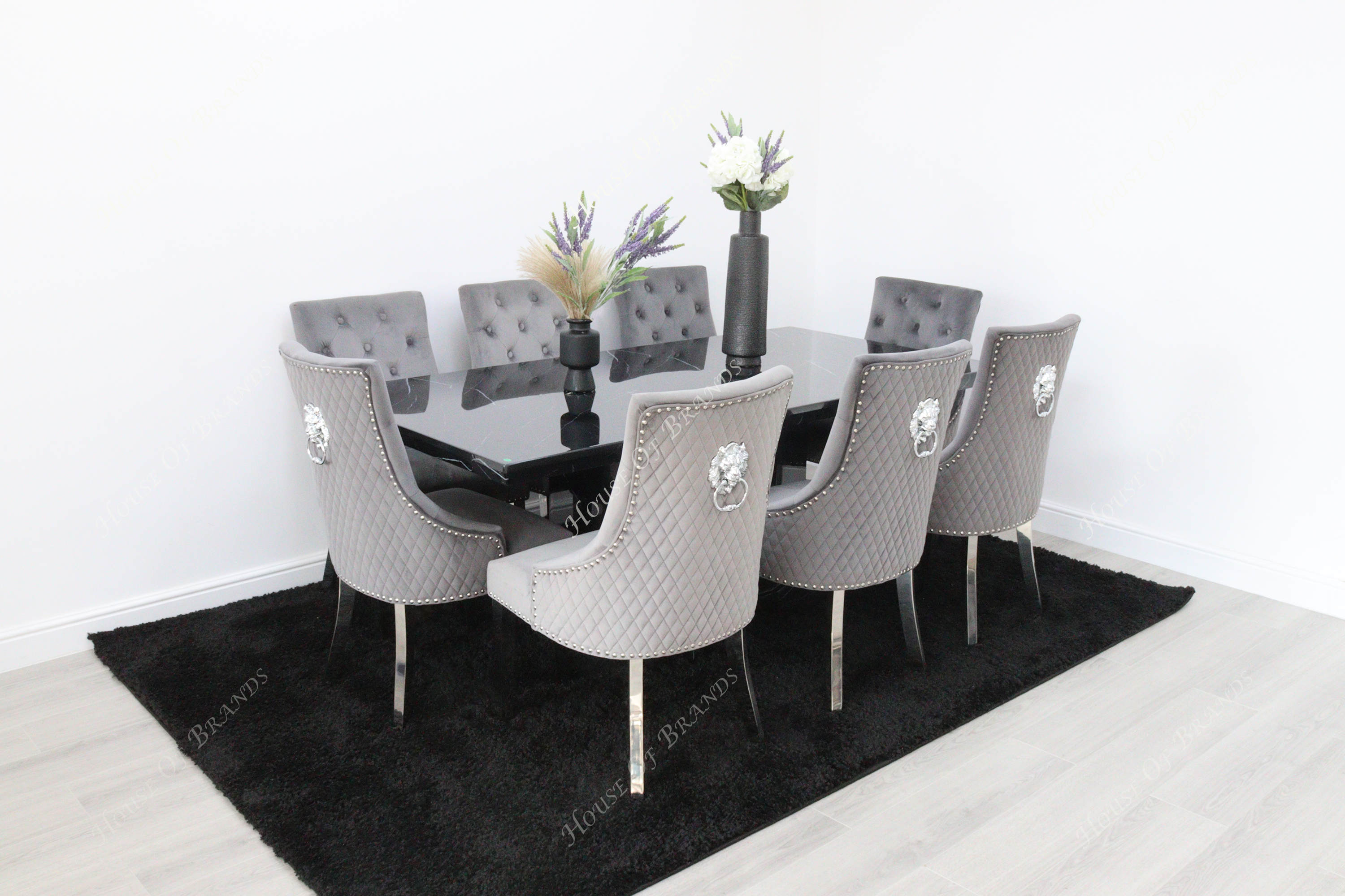 200cm Nebula Black Marble Dining Table with 8 Majestic Velvet Knockerback Chair