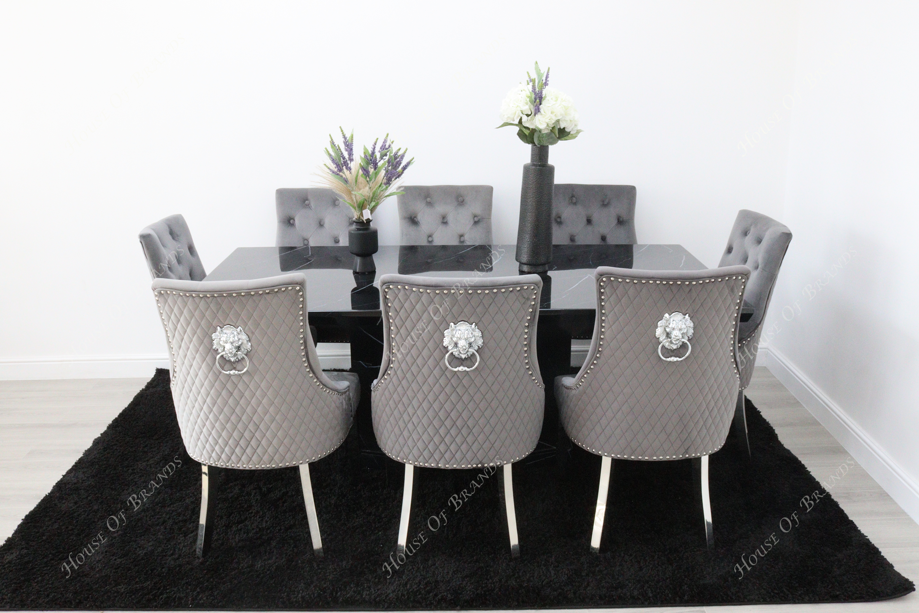 200cm Nebula Black Marble Dining Table with 8 Majestic Velvet Knockerback Chair