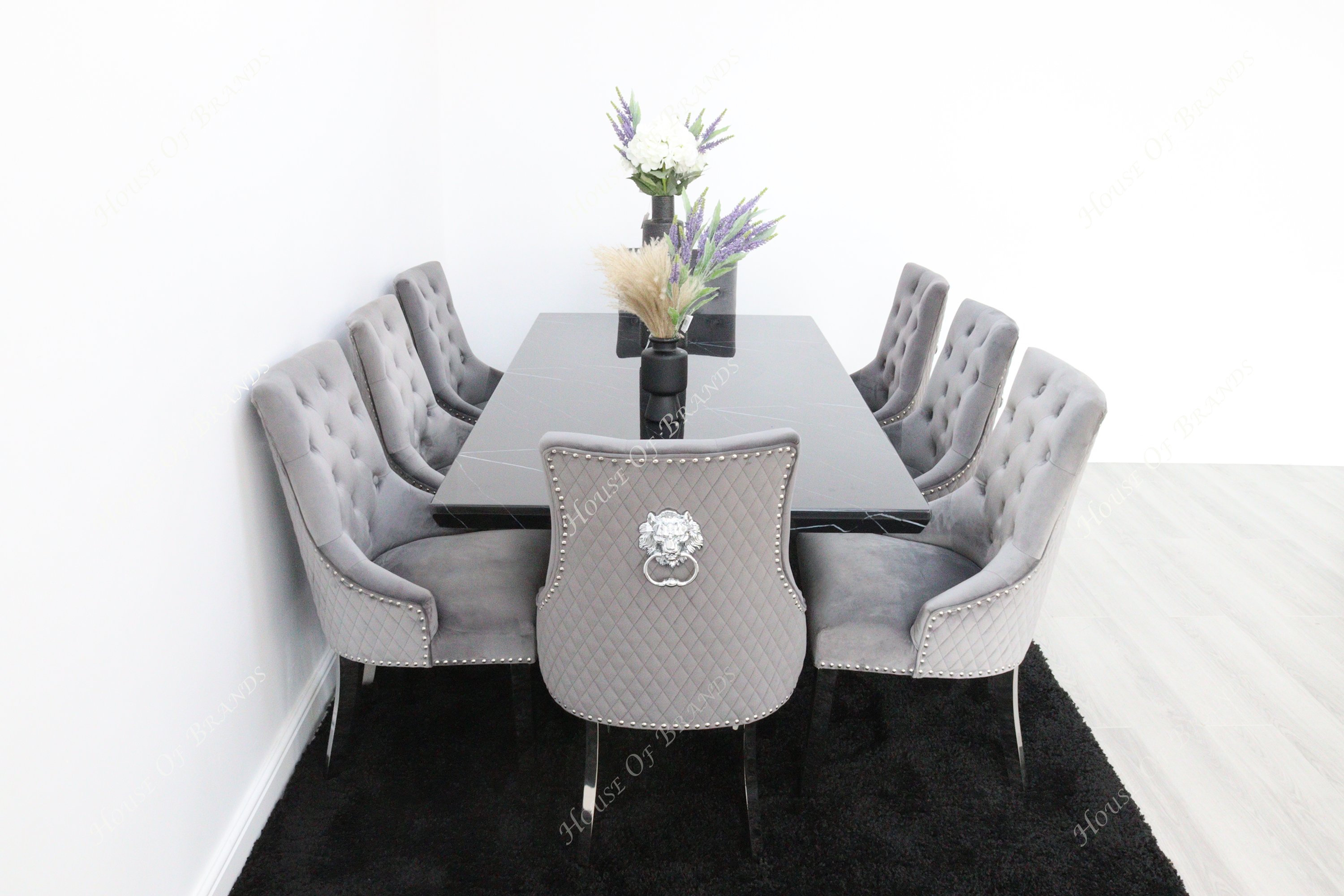 200cm Nebula Black Marble Dining Table with 8 Majestic Velvet Knockerback Chair