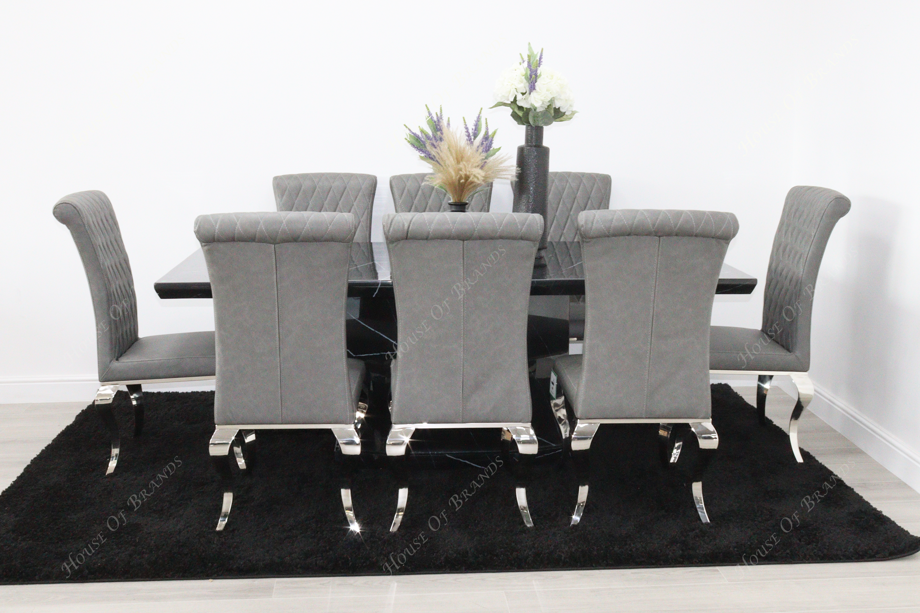 200cm Nebula Black Marble Dining Table with 8 Nicole Grey Leather Chair