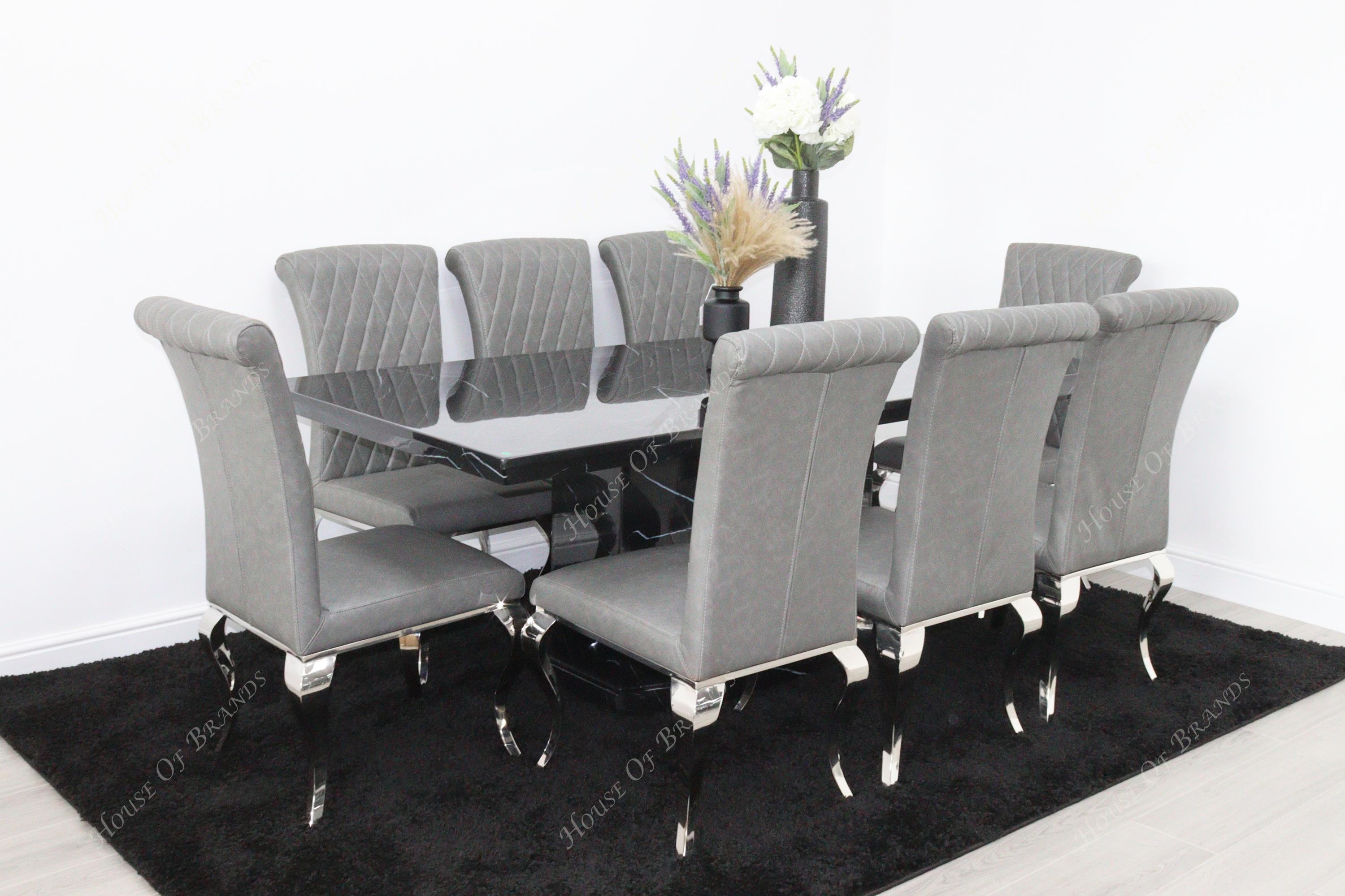 200cm Nebula Black Marble Dining Table with 8 Nicole Grey Leather Chair