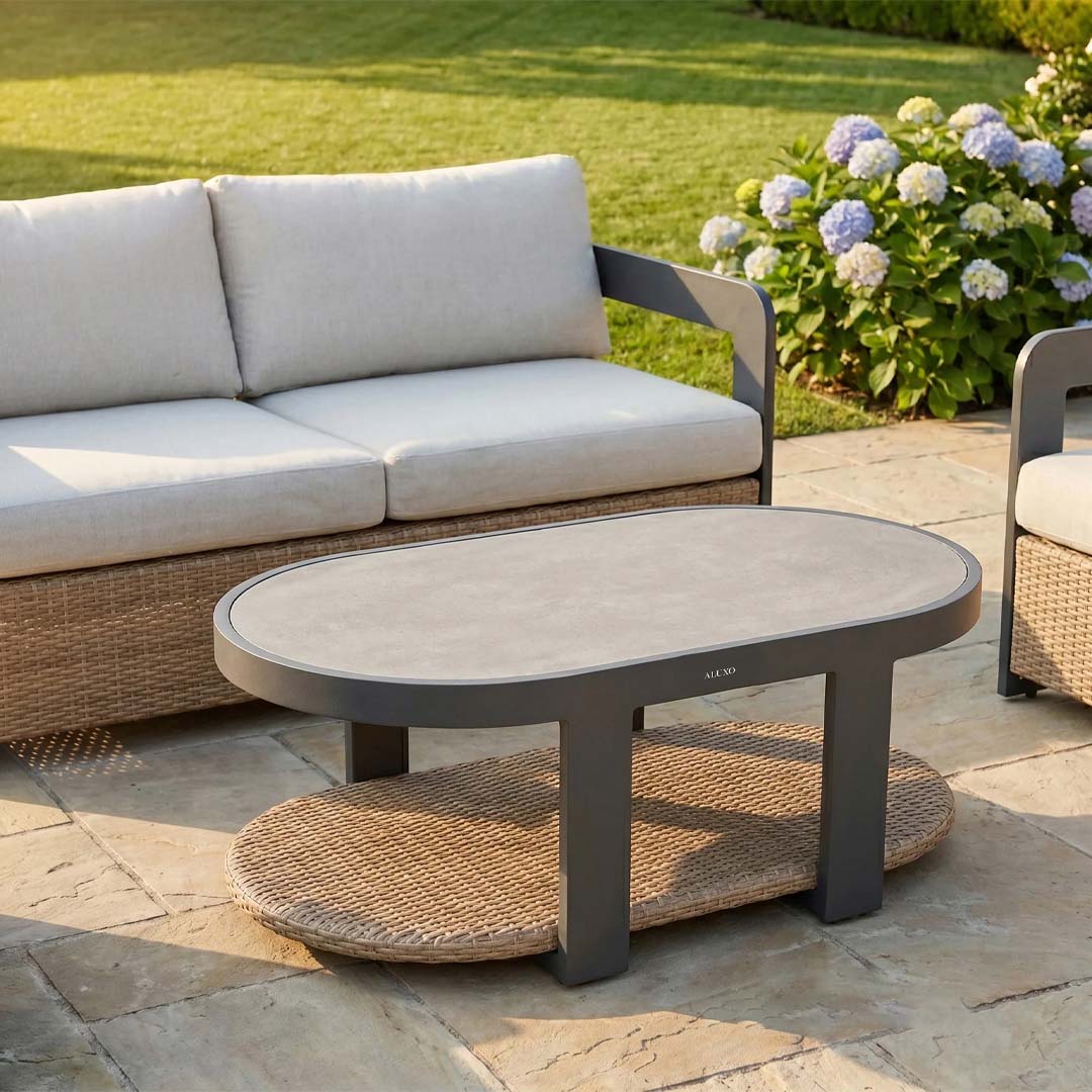Veyra 5 Seater Aluminium Garden Sofa Set with Sintered Stone Table – Black & Natural Woven Outdoor Lounge Set