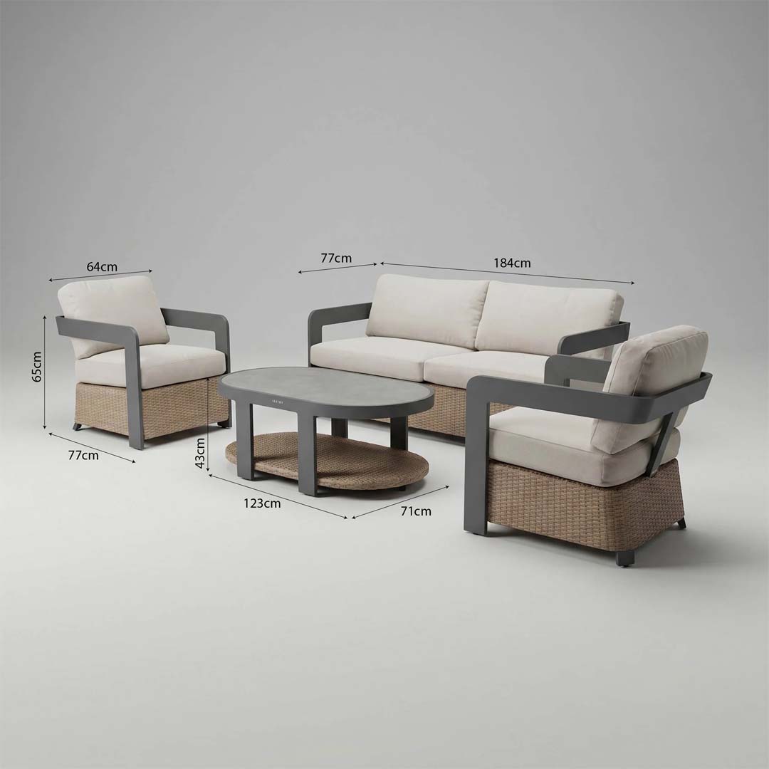 Veyra 5 Seater Aluminium Garden Sofa Set with Sintered Stone Table – Black & Natural Woven Outdoor Lounge Set