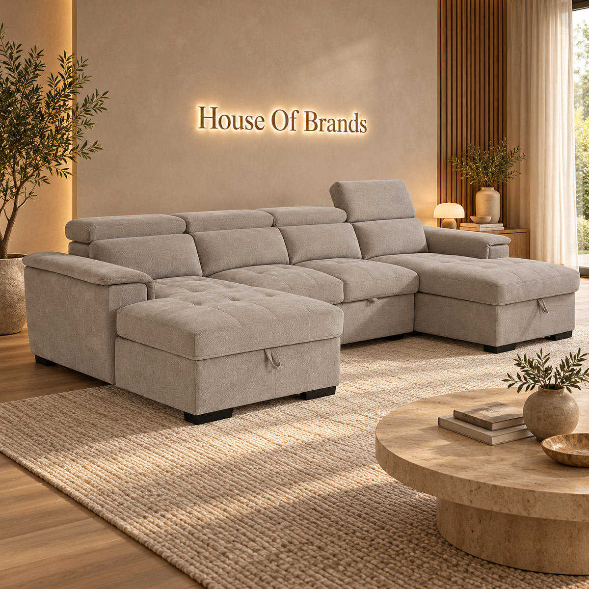 Luna Beige Large U Shape Sofa Bed with Storage