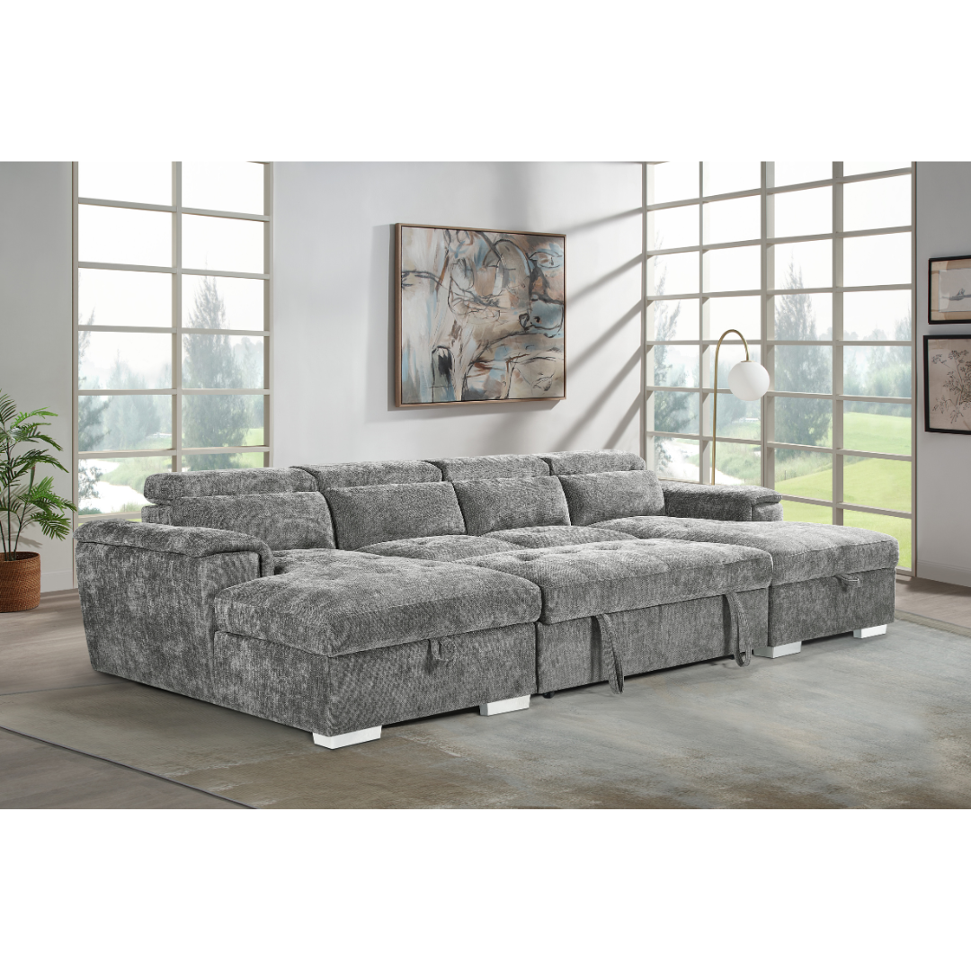 Alaya Grey U-Shape Sofabed with Dual Storage & Adjustable Headrests