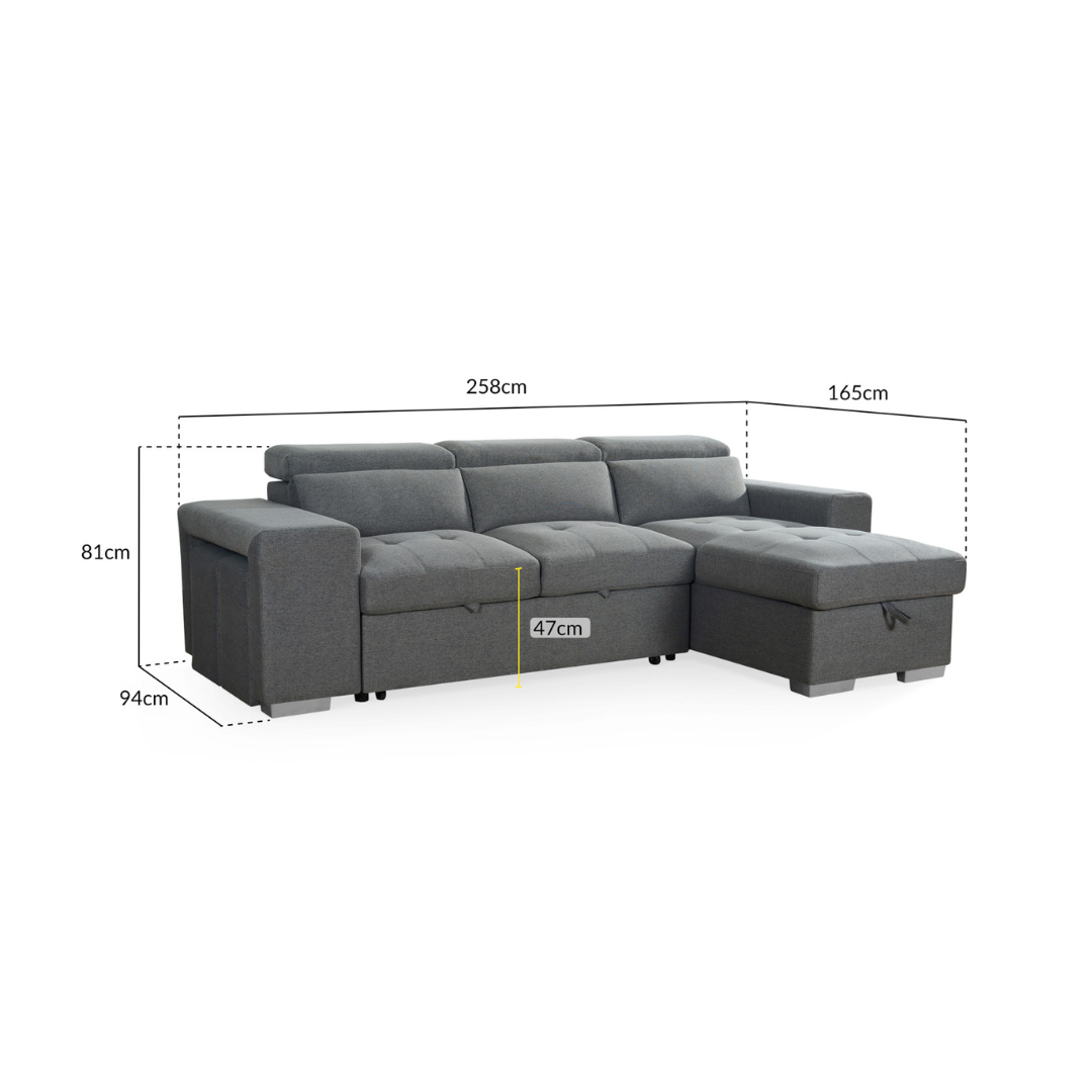 Artemis Universal Corner Sofabed in Grey with Storage & Adjustable Headrests