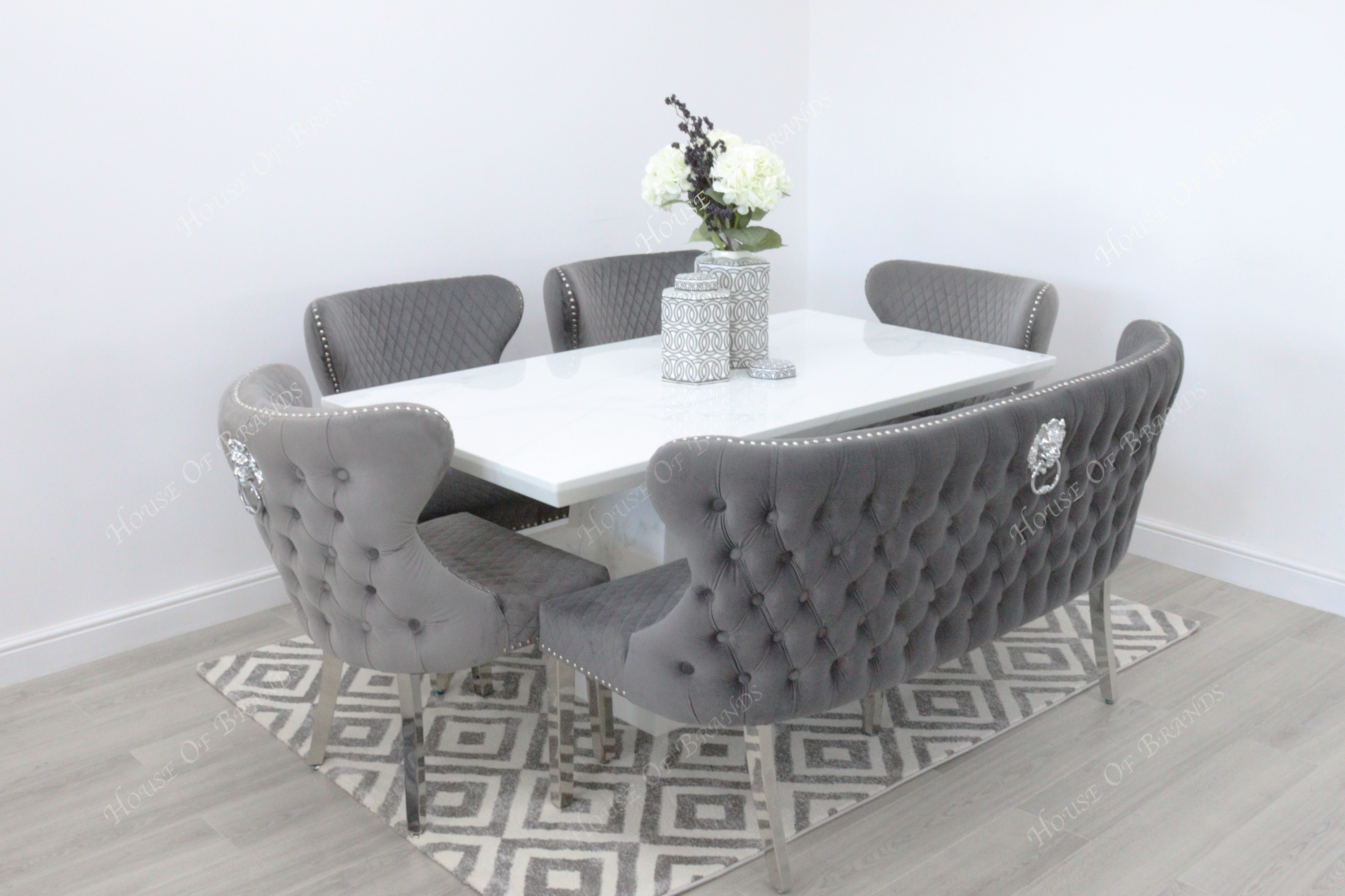 Rio White Marble Dining Table with 4 Valentino Velvet Knockerback Dining Chairs and Valenica Velvet Knocker Bench