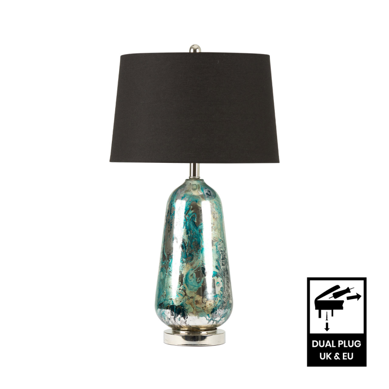 72.4cm Blue and Silver Glass Table Lamp with Black Linen Shade