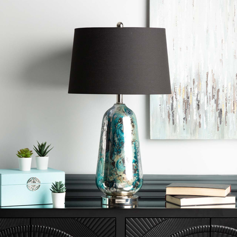 72.4cm Blue and Silver Glass Table Lamp with Black Linen Shade