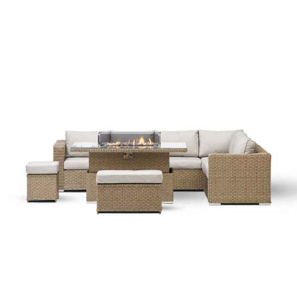 All Weather Chakra Rattan Garden Corner Rising Dining Set in Natural With Fire Pit