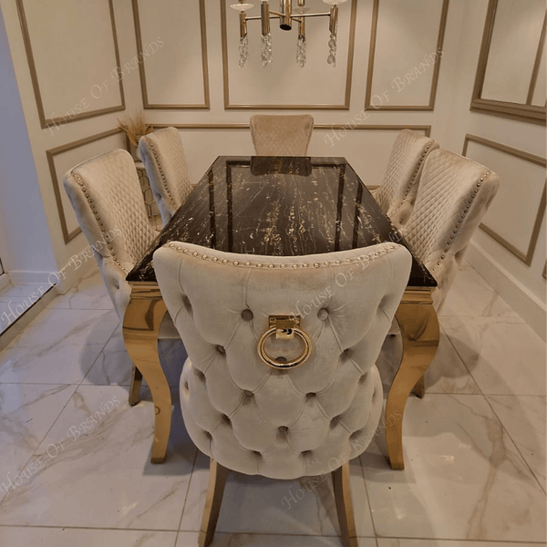 Black & Gold Louis Marble Dining Table & Cream Victoria Knockerback Chairs