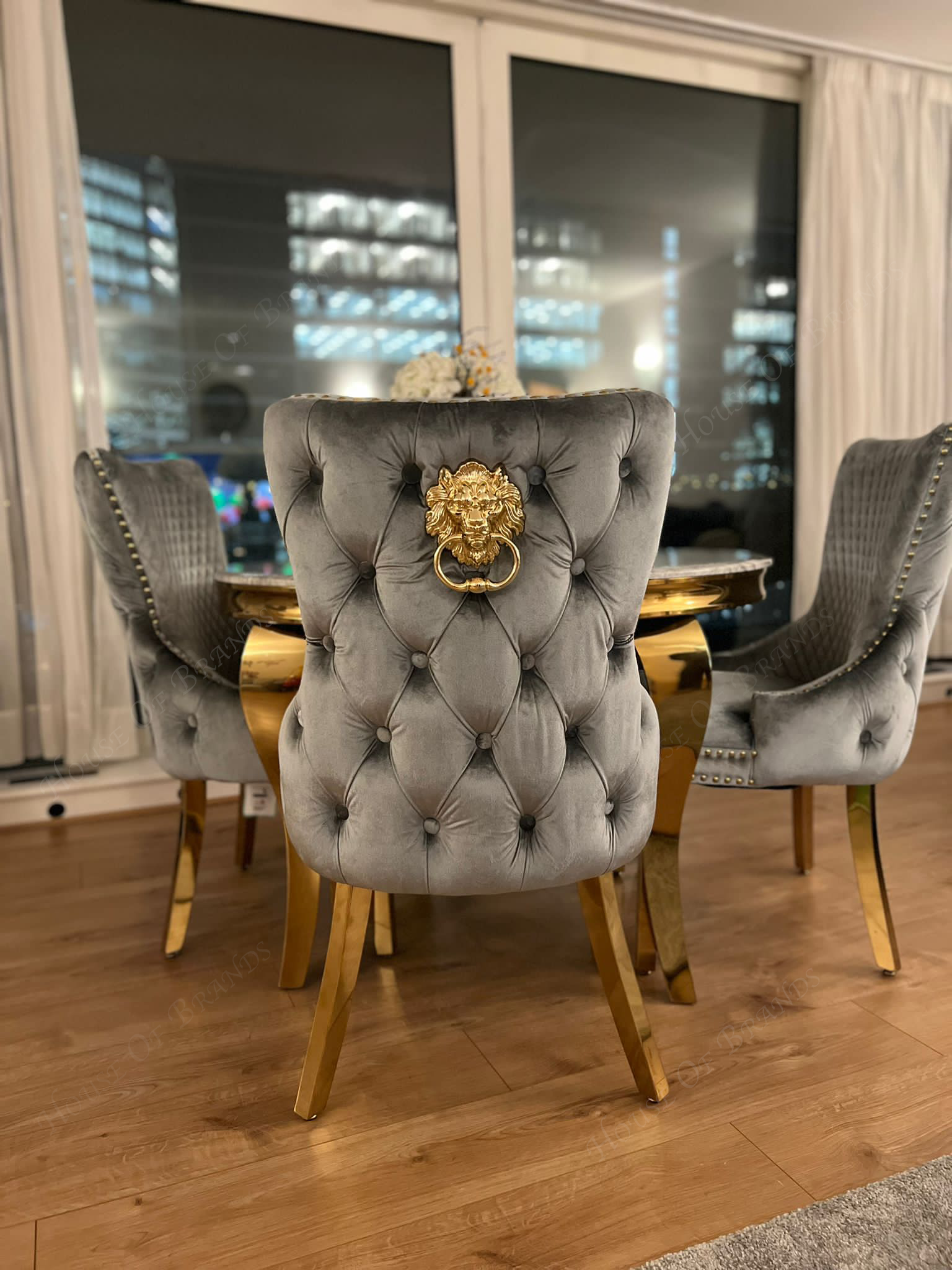 110cm Round Marble Gold Louis Table and 4 Majestic Gold Knockerback Dining Chairs